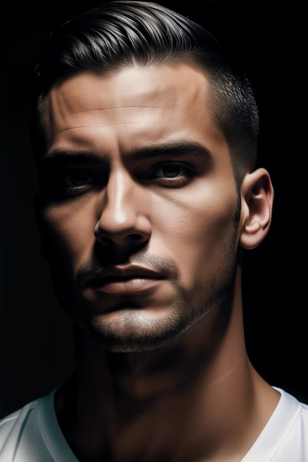 ((Realistisch)), (Circunstancial), (master part), (best quality), ....RAW, Canon R6, (((hyper-realistic))), qualidade 4K, Super 8K, Realistisch, (master part) , (best quality), cinemactic, renderizado, Processados, Realistic, ultra-detalhado, rosto perfeito, moldura, HOMEM DAS SOMBRAS, homem branco, HOMEM DE TERNO, Leader, retrato, Undercut cônico, High contrast lighting, dramatic lighting, The light is on one side of a person's face, while the other side is completely dark, fundo preto