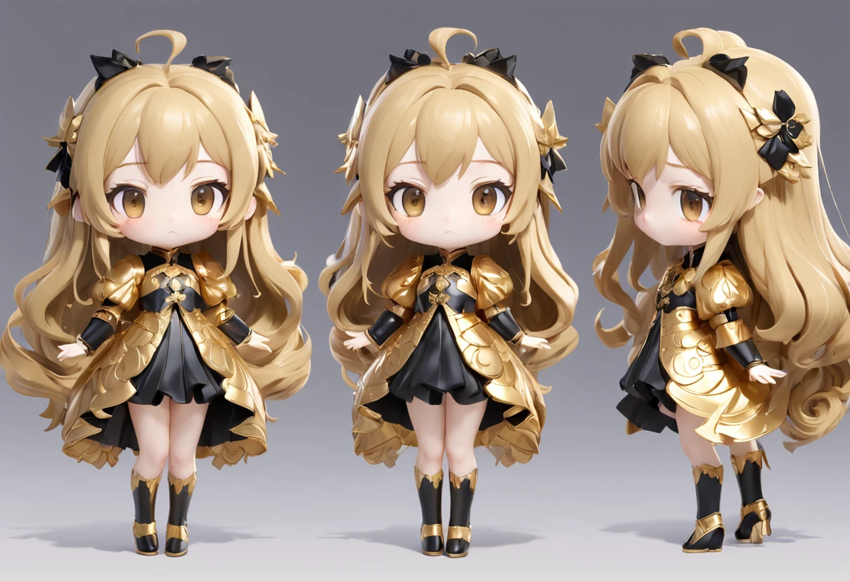 Super cute girl full body 3d artwork, Front view, Side view, Back view, doll, concept-art, t pose, reference sheet, Popmart blind box,Gold Leaf Girl,long whitr hair,GLOSSY TEXTURE,full bodyesbian,elegant,black gold,gold foil,Intricate hair accessories,Noble,Mysterious watery eyes, Gold leaf decoration, luxury goods, intricately details, a 3D render, blender, OC renderer, Predecessor lookup table, , High details, 8K, Studio lighting
