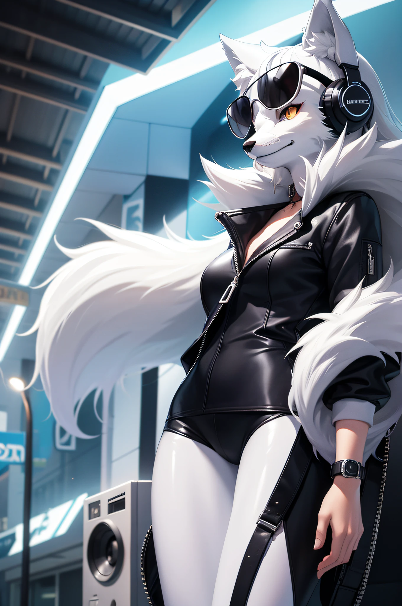 3Drenderingof, Q version cartoon style, Solo, Furry(wolf):1.9，Anthropomorphic animals, Wear fashionable silver dress and sunglasses，Music headphones，Walk the street