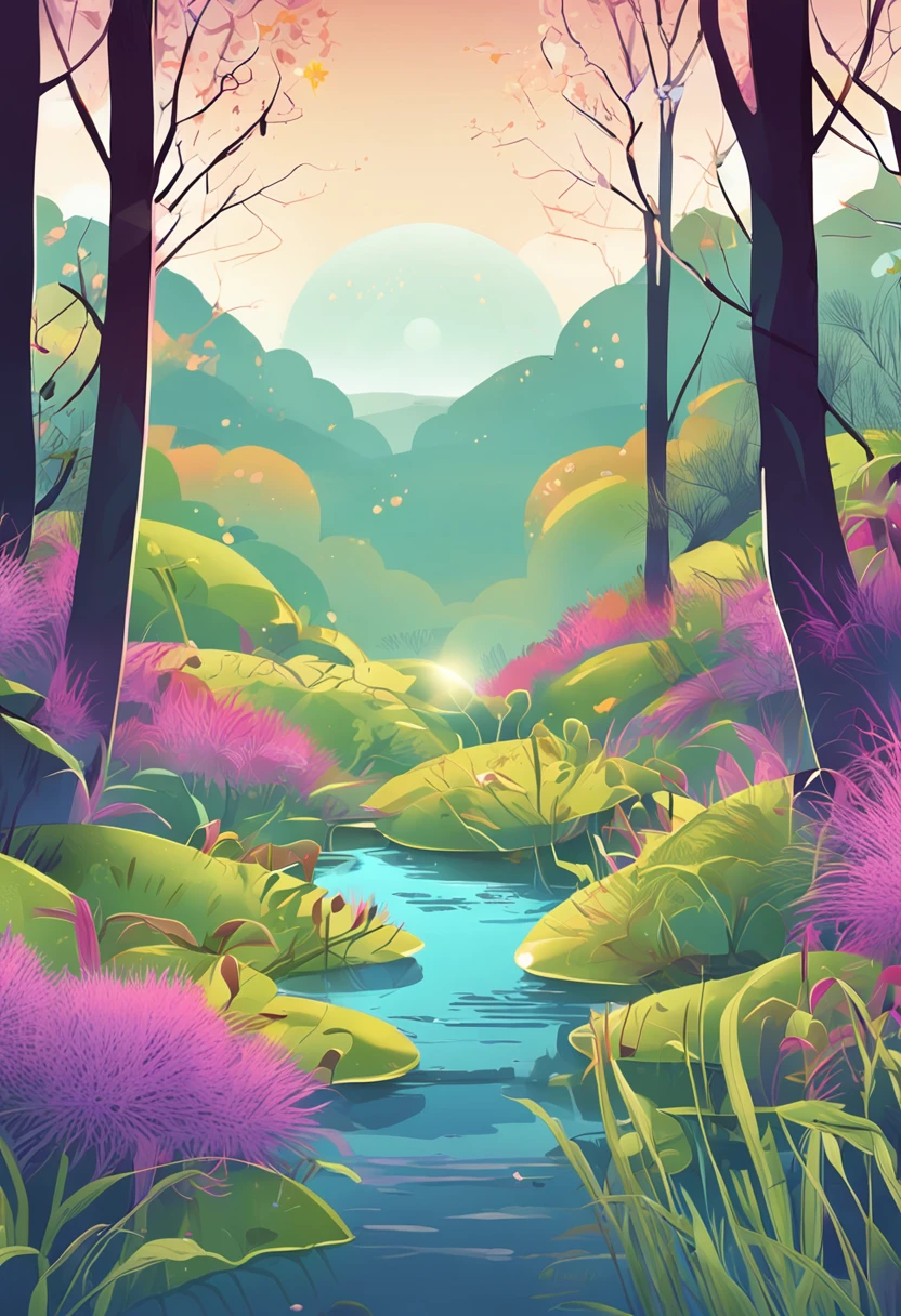 24 solar terms,Lu,dew,A4 size vertical poster,Pale dew as frost,Sunlight rays come down from the upper left corner,Peaceful landscape illustration,Blue-purple gradient lake close-up,White dew looms among the yellow-green reeds,Natural landscape artwork,Rich color variations,finely detailed textures,8k