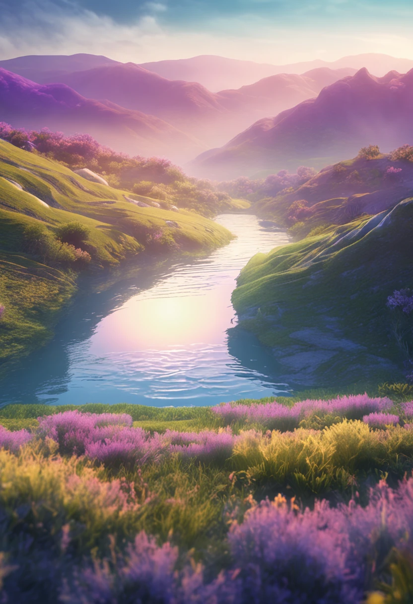 24 solar terms，Lu，dew，A4 size vertical poster，Pale dew as frost，Sunlight rays come down from the upper left corner，Peaceful landscape illustration，Blue-purple gradient lake close-up，White dew looms among the yellow-green reeds，Natural landscape artwork，Rich color variations，finely detailed textures，8k