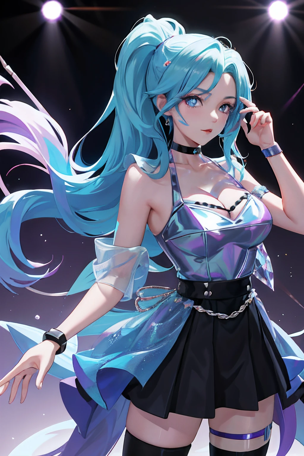 tmasterpiece， Best quality at best， A high resolution， seraphine1， 1girll， 独奏， Blue hair， K/DA\（league of legend\）， Very long hair， O cabelo multicolorido， jewely， pony tails， eBlue eyes， 耳Nipple Ring， shift dresses， a black choker， two tone color hair， Purple colored hair， black thighhigns， bangle， a black skirt， crystal，big cleavage breasts， be on stage， wielding，3Drenderingof，OC rendering，Bubble Matt，a blind box toy