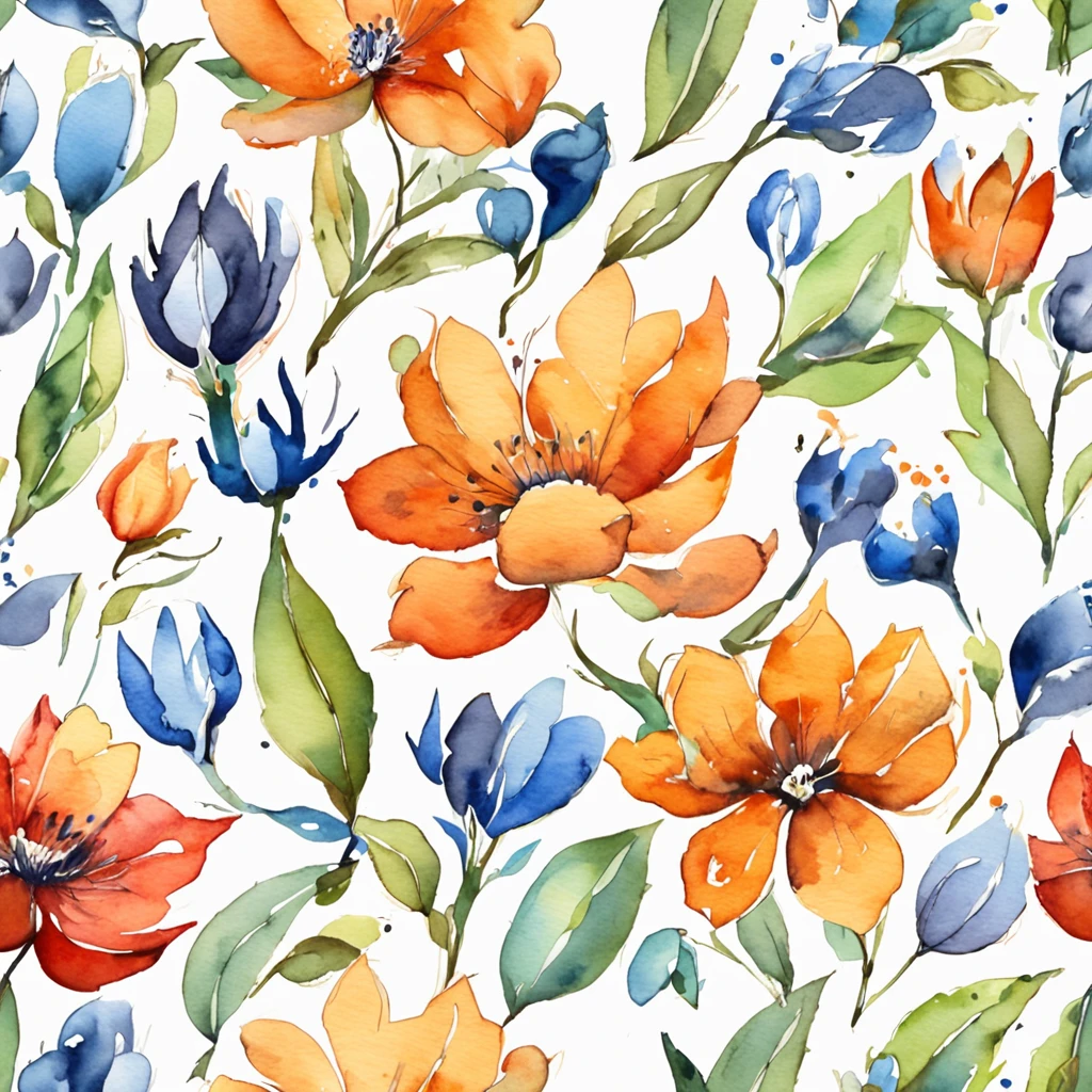 watercolor, flower, blue and orange, beautiful, 1:1, watercolor style, flower and leaf patterns, wet in wet technique, mute, indigo, fabric design, flat illustration, highly detailed cleaning, vector image, masterpiece, professional, isometric, bright vector, black background, dry brush, brushstrokes, painted on canvas, by J.M.W. Turner. expressive marks.
