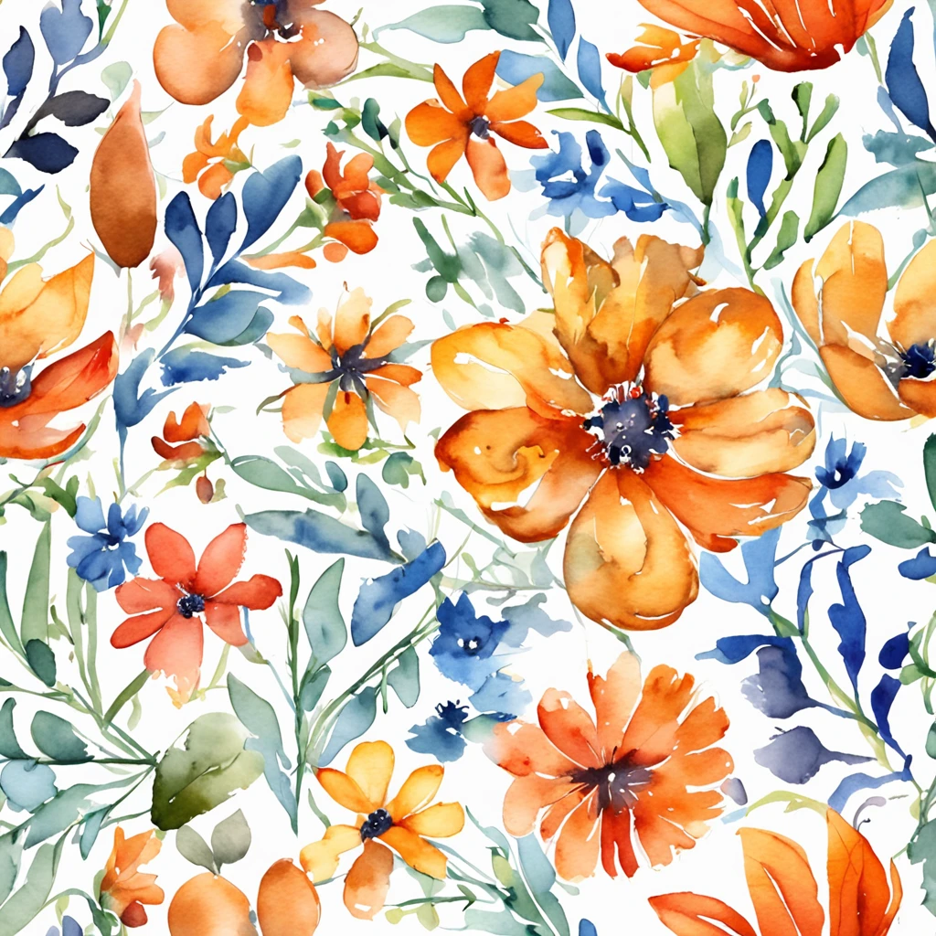 watercolor, flower, blue and orange, beautiful, 1:1, watercolor style, flower and leaf patterns, wet in wet technique, mute, indigo, fabric design, flat illustration, highly detailed cleaning, vector image, masterpiece, professional, isometric, bright vector, black background, dry brush, brushstrokes, painted on canvas, by J.M.W. Turner. expressive marks.