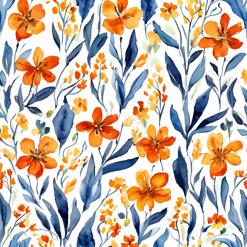 watercolor, flower, blue and orange, beautiful, 1:1, watercolor style, flower and leaf patterns, wet in wet technique, mute, indigo, fabric design, flat illustration, highly detailed cleaning, vector image, masterpiece, professional, isometric, bright vector, black background, dry brush, brushstrokes, painted on canvas, by J.M.W. Turner. expressive marks.