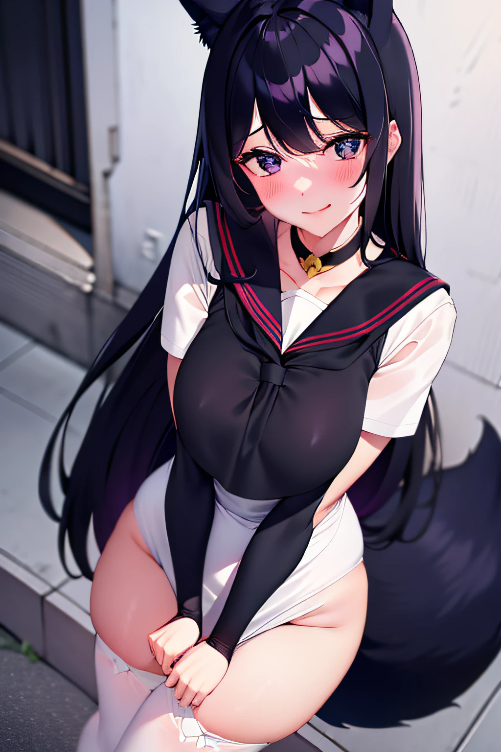 4K,s girl,beauitful face,Long black hair,Black eyes,Blush,ssmile,mediuml breasts,a sailor suit,Collar,fox tails,White suspender stockings,Pink high heels,full bodyesbian,On the street,The edges are illuminated