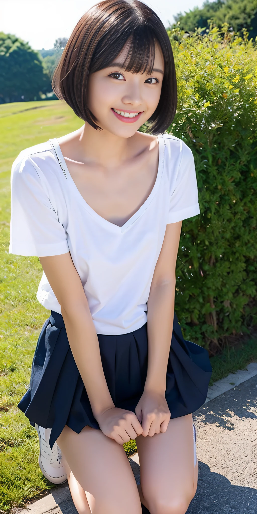 neat college girl、ite person、(student clothes、summer clothing、shortsleeves)、Outside the field、(Slimed、small tit、flat boobs、small boobs)、Photorealsitic、detaileds, Skin texture, ultra-detailliert、Delicate and sexy collarbone、a smile、Super detailed face、detailed lips、A detailed eye、二重まぶた、Sitting on legs bending the knees、squatting、White panties are visible from the skirt、sexy pose、Shorthair with bangs、Straight Bob Hair、