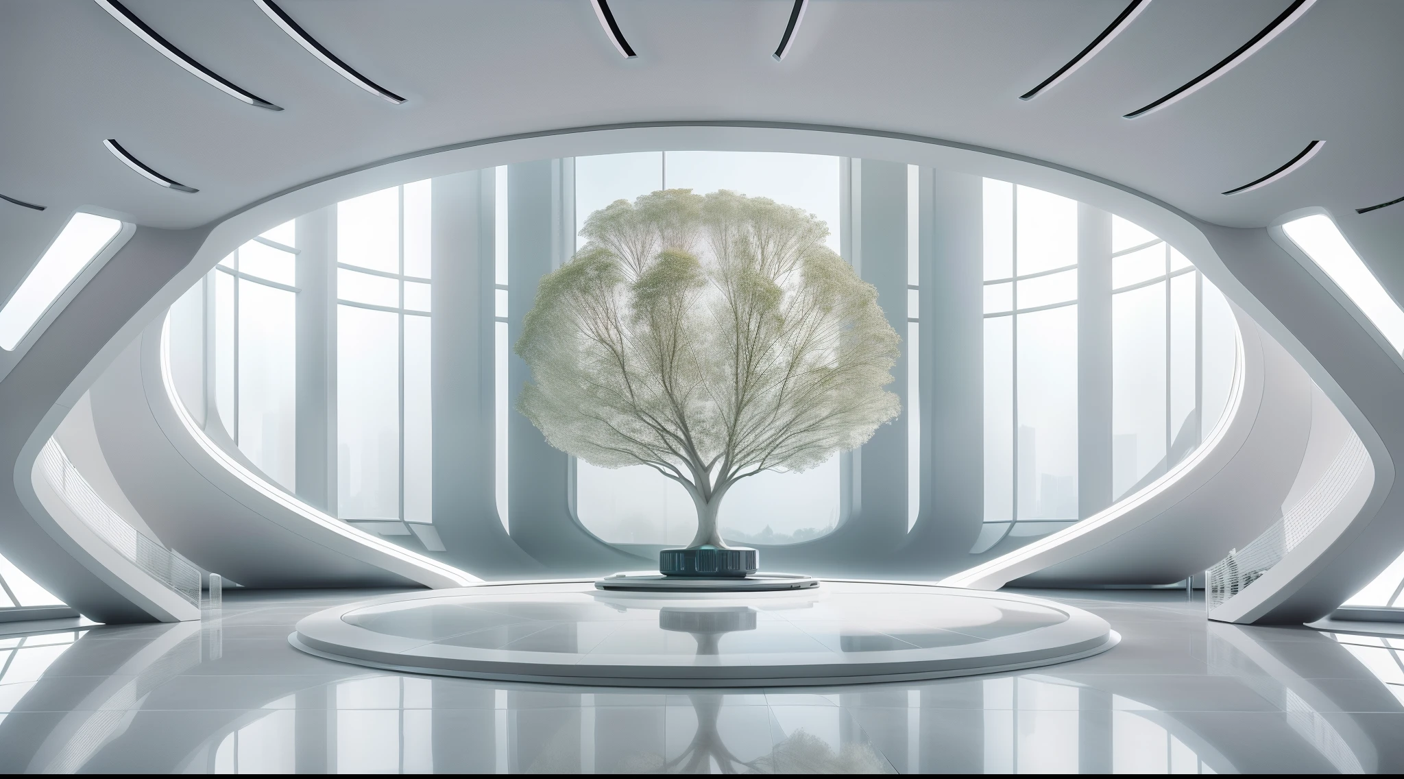 Futuristic minimalist white sci-fi studio，There is a large glass podium in the center of the stage，There is a tree of souls on each side，On the distant wall is a giant AI brain, first person perspective，wide wide shot，in a panoramic view，35mm，highlight，high detal，8k，A high resolution