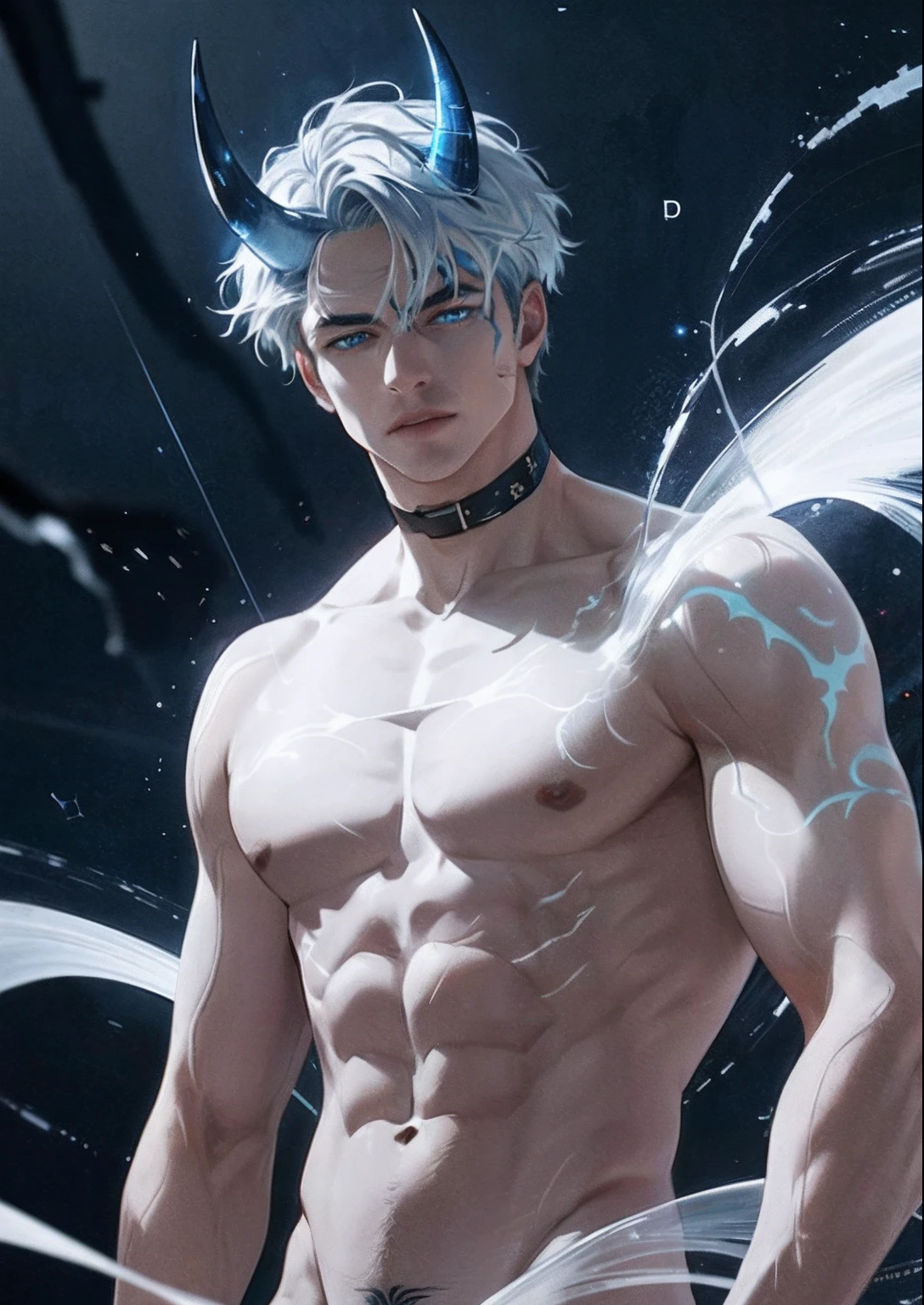 8k, complex, elegant, highly detailed, majestic, digital photography, surrealist painting, beating magic, winding lightning, (masterpiece, side light, fine beautiful eyes: 1.2), HDR, (glowing blue eyes)), naked upper body, (glowing tattoo), handsome boy, white hair, muscles, demon horn, raining, handsome, facing the camera, masterpiece