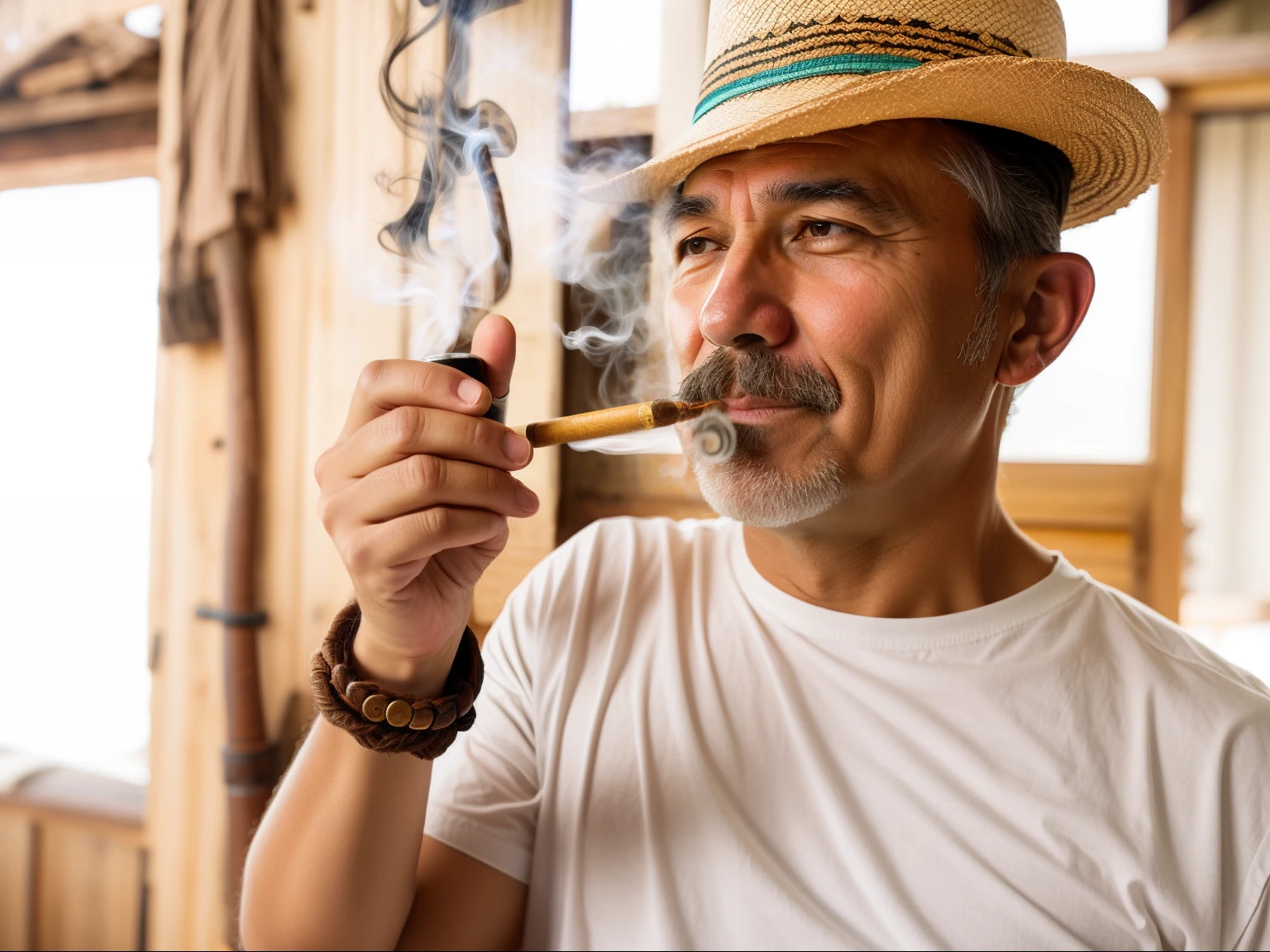 Wearing a straw hat and smoking a pipe Old man Old cannon Line drawing avatar