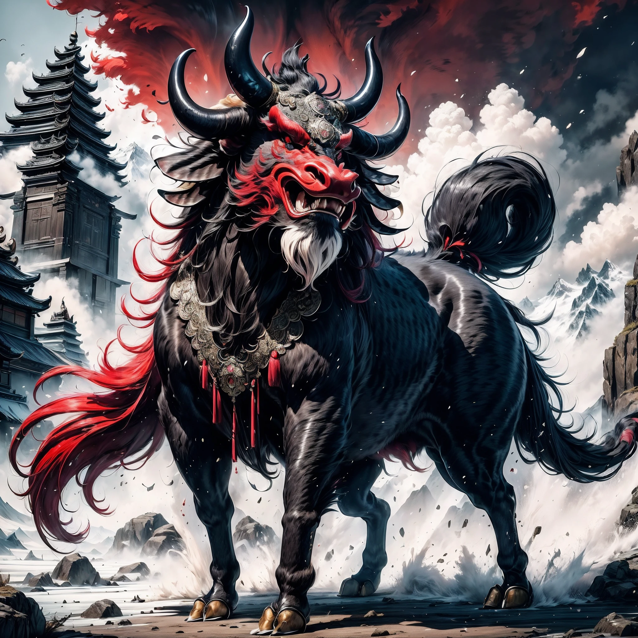 Kamada,((Masterpiece)),Best quality，Original,extremely detailed nipple，unreal 5 render，8K，
((Fabulous ferocious animal)),{{A combination of a faucet and a bull's head}},{{ cow horn}},(Red and black color),(Four feet:2)，(Solo),Mountain,Big and strong,The demons,tyrannical,No Man