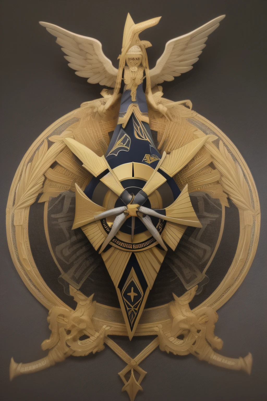 It's a badge；There are some patterns，Including the sword；hand gun，a shield；Skyfly；triangles，rice；The color is gold，black in color，light blues
