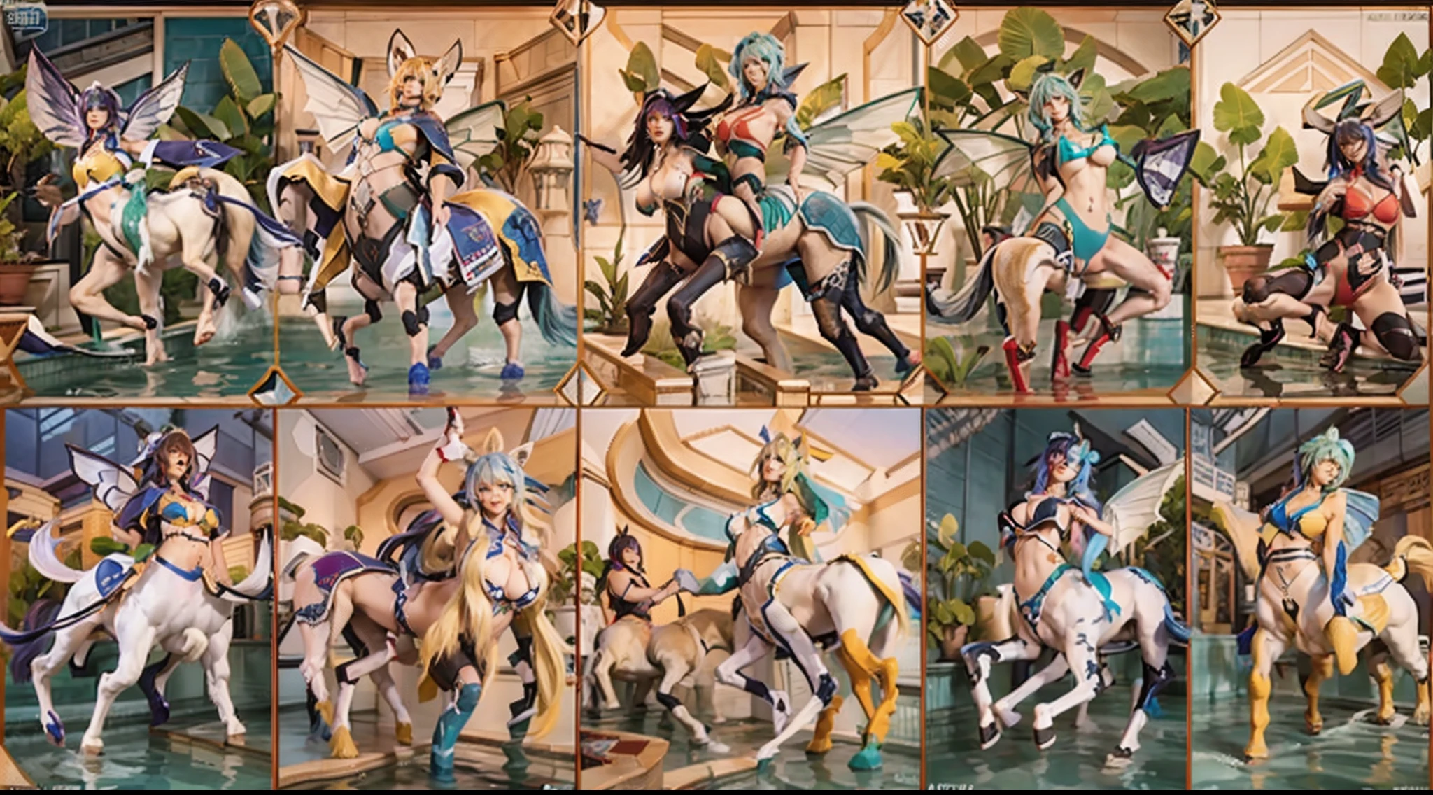 In the beautiful illustration of this super-grand scene，The ultra-long-range lens is shown（Over eight unique centaur characters：9.9），They all have their own characteristics，Vivid and interesting。Radiant angelic centaurs from the heavenly realm，To the hellish centaurs surrounded by nightmarish flames，And then to the Wind Fairy Centaur dancing in the air，There are also one-horned centaurs surrounded by thunder and lightning，and mechanical centaurs that shine with metallic light，And then to the powerful dragon centaur with colored dragon scales covering the whole body，The elegant and agile elf centaur always wears a flower crown with its slender graceful lines，Enchanting and charming Tiflin centaurs。Each character has their own unique charms and abilities。The illustration uses advanced artistic techniques and tools，（Divide the scene into sections by geometric arrangement：9.9），Each section corresponds to a centaur character，This makes more efficient use of space。Through Midjourney's advanced brush tools、Color palette、Material packs and model packs，For each centaur, beautiful props are designed to increase racial characteristics、Clothing and physical features，Enhances the character's personality and visual appeal。The scenery in the illustrations is stunning，There are changing skies、rainbowing、extreme light、Stars and Moon。Incorporating iconic landmarks such as Mount Everest，and fireworks、tranquil lake、Natural and urban elements of waves and neon lights，Creates a magical atmosphere。The centaurs display their unique abilities and equipment in a variety of environments，This is true even in extreme alien landscapes。（Use Midjourney's tools、Material packs、Texture tools、The color palette makes depicting details vivid and realistic：9.9），From complex hairstyles and as well as different racial traits、Body、Appearance features、Clothing to real textures，This greatly enhances the realism of the characters and surroundings。The fusion of multiple art styles adds movement to the centaur's