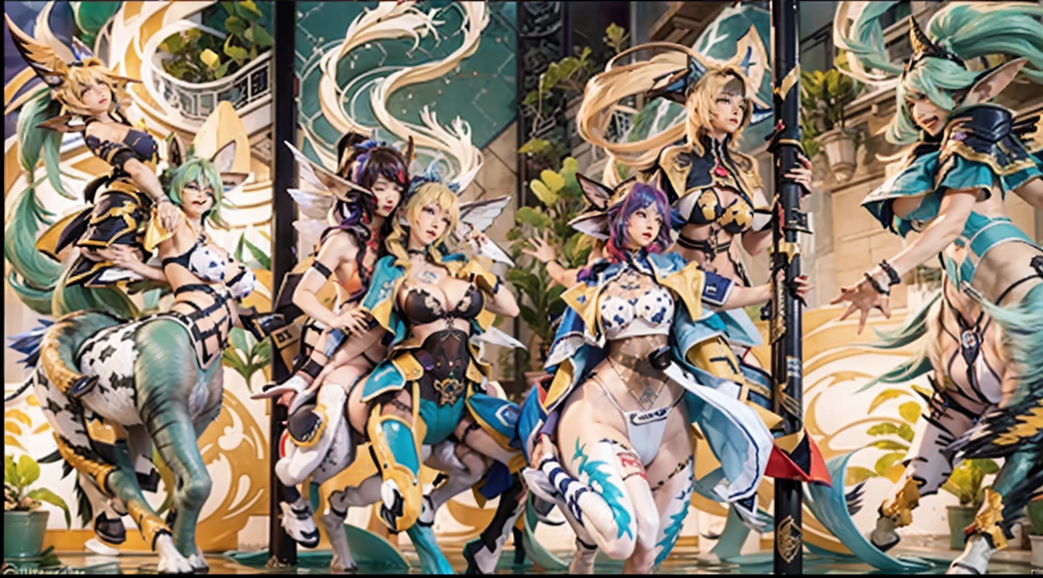 In the beautiful illustration of this super-grand scene，The ultra-long-range lens is shown（Over eight unique centaur characters：9.9），They all have their own characteristics，Vivid and interesting。Radiant angelic centaurs from the heavenly realm，To the hellish centaurs surrounded by nightmarish flames，And then to the Wind Fairy Centaur dancing in the air，There are also one-horned centaurs surrounded by thunder and lightning，and mechanical centaurs that shine with metallic light，And then to the powerful dragon centaur with colored dragon scales covering the whole body，The elegant and agile elf centaur always wears a flower crown with its slender graceful lines，Enchanting and charming Tiflin centaurs。Each character has their own unique charms and abilities。The illustration uses advanced artistic techniques and tools，（Divide the scene into sections by geometric arrangement：9.9），Each section corresponds to a centaur character，This makes more efficient use of space。Through Midjourney's advanced brush tools、Color palette、Material packs and model packs，For each centaur, beautiful props are designed to increase racial characteristics、Clothing and physical features，Enhances the character's personality and visual appeal。The scenery in the illustrations is stunning，There are changing skies、rainbowing、extreme light、Stars and Moon。Incorporating iconic landmarks such as Mount Everest，and fireworks、tranquil lake、Natural and urban elements of waves and neon lights，Creates a magical atmosphere。The centaurs display their unique abilities and equipment in a variety of environments，This is true even in extreme alien landscapes。（Use Midjourney's tools、Material packs、Texture tools、The color palette makes depicting details vivid and realistic：9.9），From complex hairstyles and as well as different racial traits、Body、Appearance features、Clothing to real textures，This greatly enhances the realism of the characters and surroundings。The fusion of multiple art styles adds movement to the centaur's