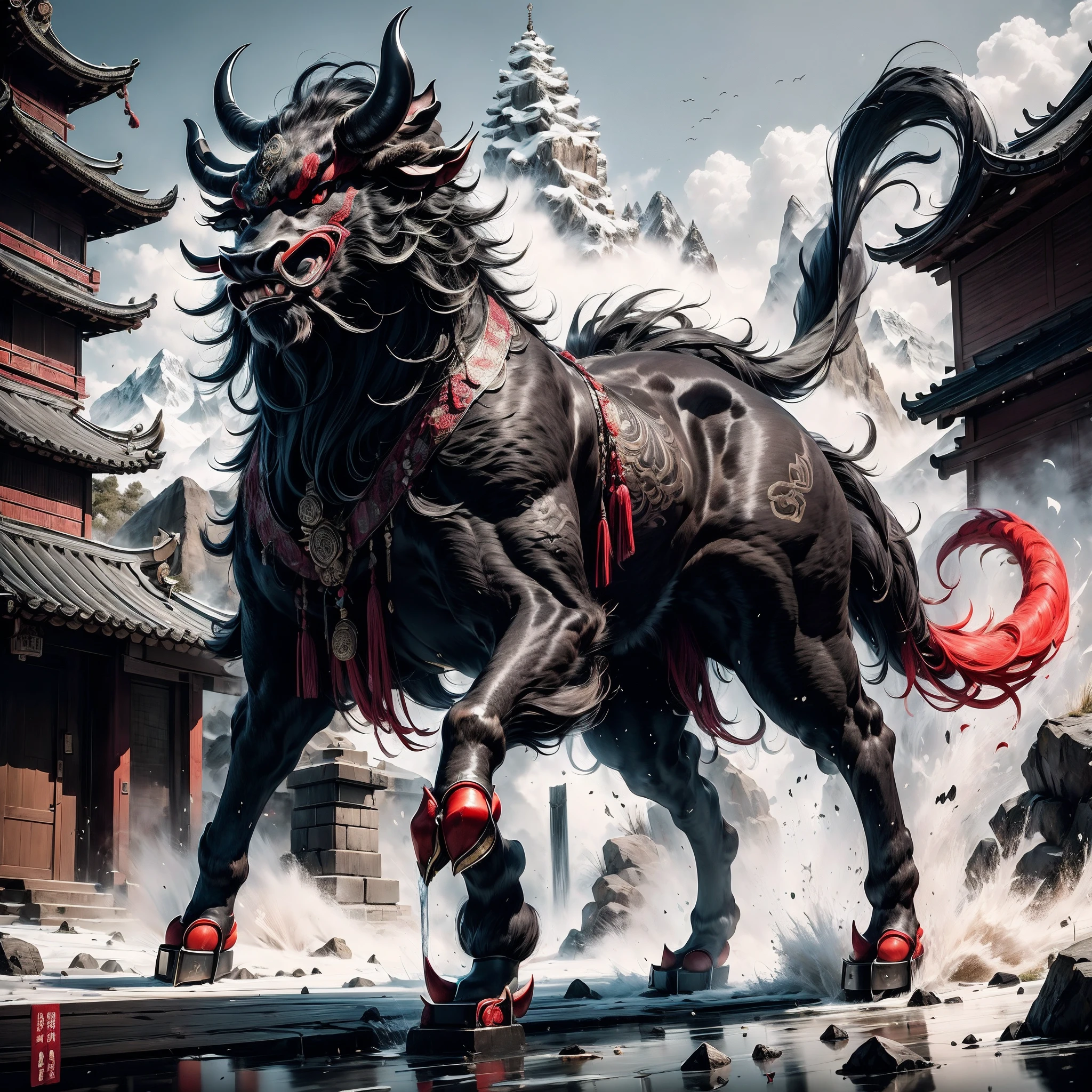 Kamada,((Masterpiece)),Best quality，Original,extremely detailed nipple，unreal 5 render，8K，
((Fabulous ferocious animal)),{{A combination of a faucet and a bull's head}},{{ cow horn}},(Red and black color),(Four feet:2)，(Solo),Mountain,Big and strong,The demons,tyrannical,No Man