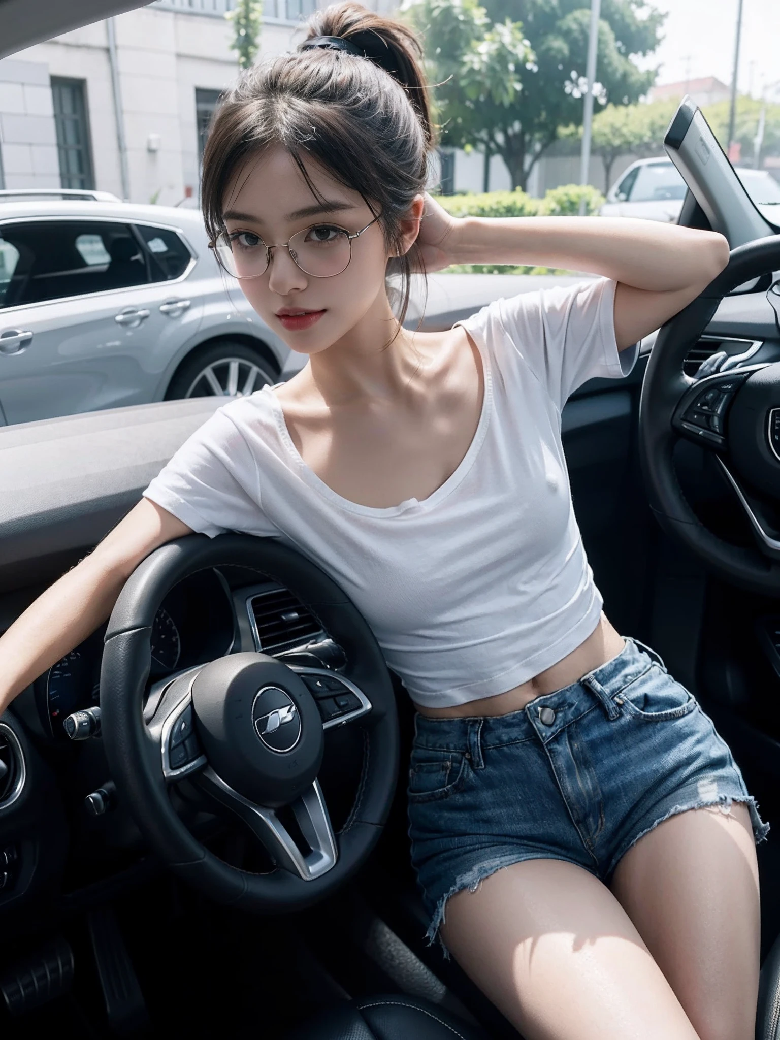 ((small underboob,Tomboyish,small heads)), (Well-defined abs: 1.1), (perfect bodies: 1.1), (short-length straighthair: 1.2), Black hair,attractive collarbone，（极其细致的CG 8k壁纸），（Extremely refined and beautiful），（tmasterpiece），（best qualtiy：1.0），（超A high resolution：1.0），upper body photos，[A high resolution]，A beautyful girl，cheerfulness，ssmile，Smooth and flawless fair skin，ultra - detailed ，Elongated legs，flat chest，Slim，emaciated，Female driver，In a private car，Place hands on the steering wheel，driving car，Wearing glasses，Look ahead，White Short Sleeve T-shirt，denim shorts，White sneakers，sideways，Close-up，Short ponytail