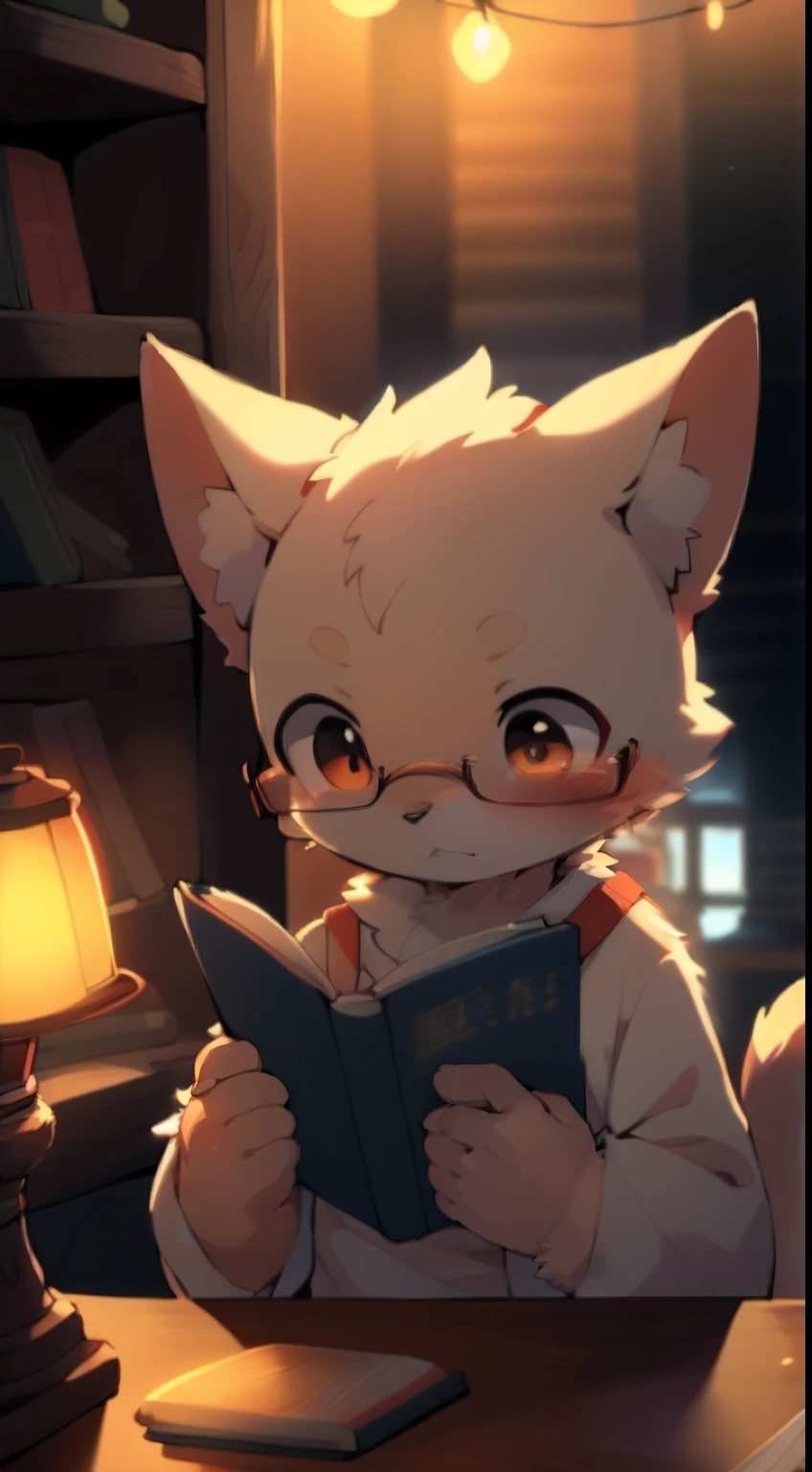 anthro,Furry,feral,(Digital media \(artwork of a\):1.2),(hi,It's nothing,absurd res:1.2),Perfect anatomy,Anatomically correct,Detailed,Detailed face,Detailed eyes,(Realistic fur,Detailed fur:1.25),Detailed background,amazing background.by Hanuvo,author:Vanmosu_Marimo,author:Sumi Kuroi,author:Yupa,(by Dagasi:1.2),CG, Solo,1boy,White fur,cat,Original glasses with frames,Reading,bookcase,table lamp,Dim environment,warm lights,Reading,Read books