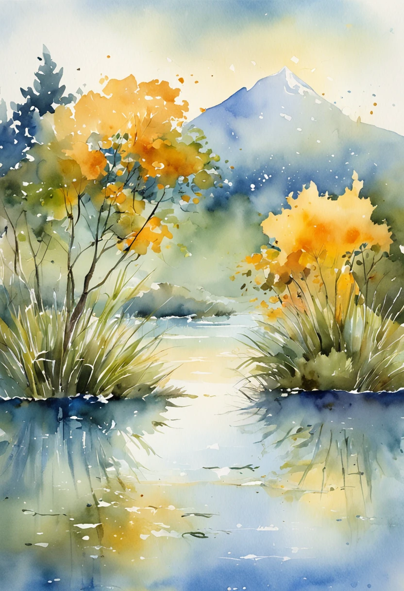 24 solar terms,White dew solar term,Pale dew as frost,Sunlight rays come down from the upper left corner,Peaceful landscape illustration,Blue-purple gradient lake close-up,Two egrets loom among the yellow-green reeds,Natural landscape artwork,Rich color variations,finely detailed textures,8k,elegant、Landscape illustration
