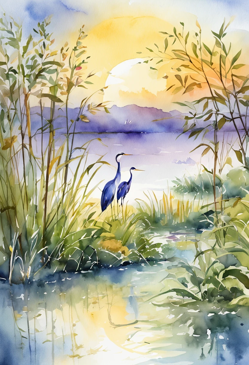 24 solar terms,White dew solar term,Pale dew as frost,Sunlight rays come down from the upper left corner,Peaceful landscape illustration,Blue-purple gradient lake close-up,Two egrets loom among the yellow-green reeds,Natural landscape artwork,Rich color variations,finely detailed textures,8k,elegant、Landscape illustration