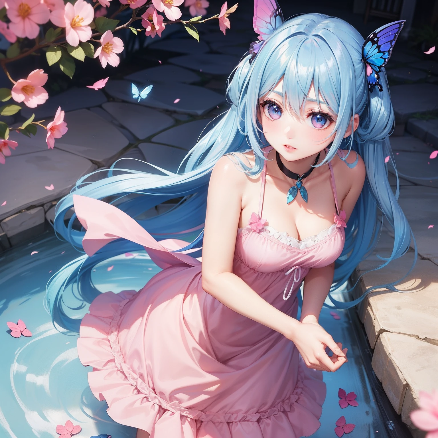 a women, blue butterfly, blue hair, pink eyes, pink dress