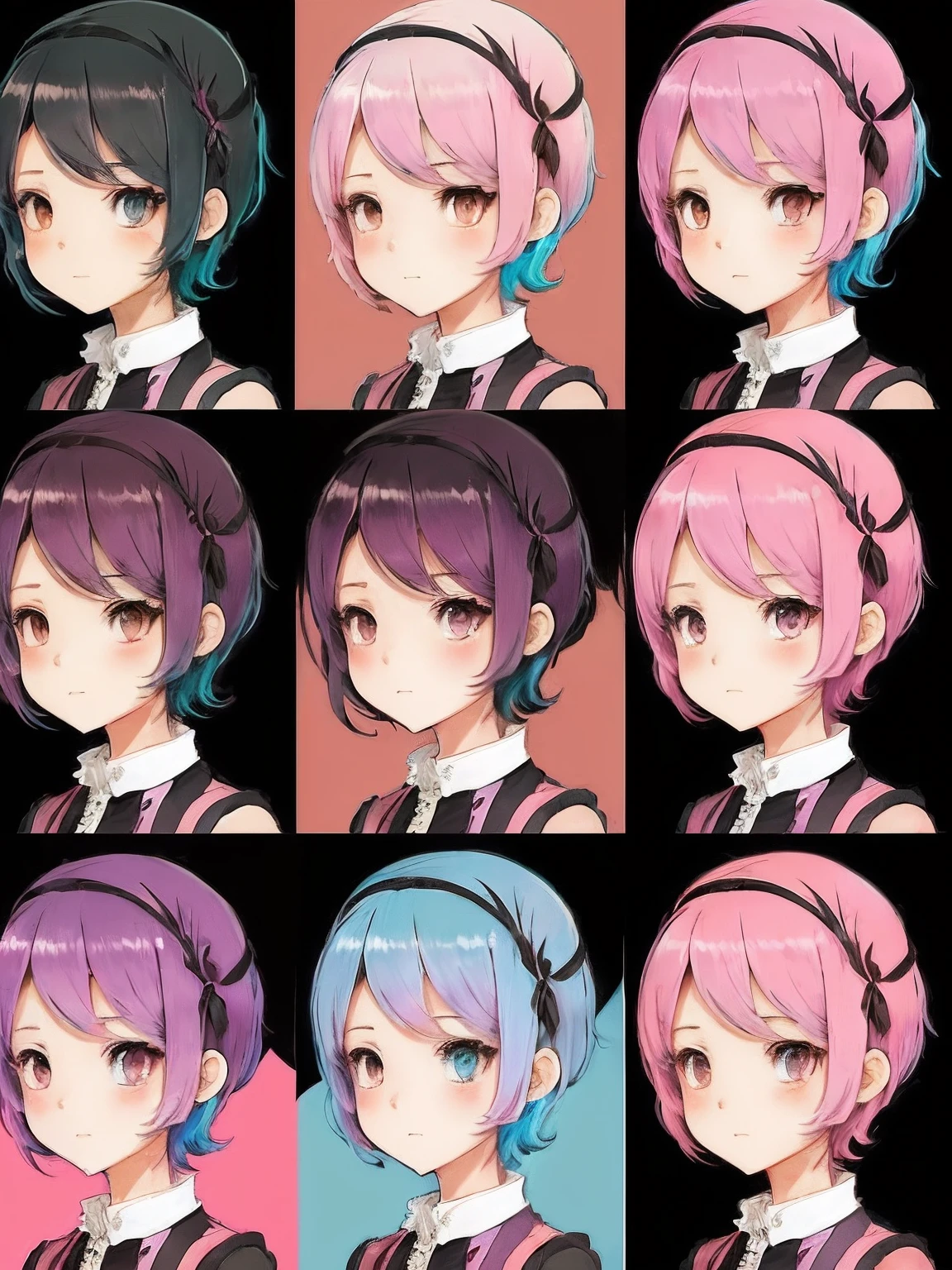 style manga, air color purple, girl years 18, eyers color pink, clothing black and white, short hair, expression sheet, make variations, caracter sheet. --auto --s2