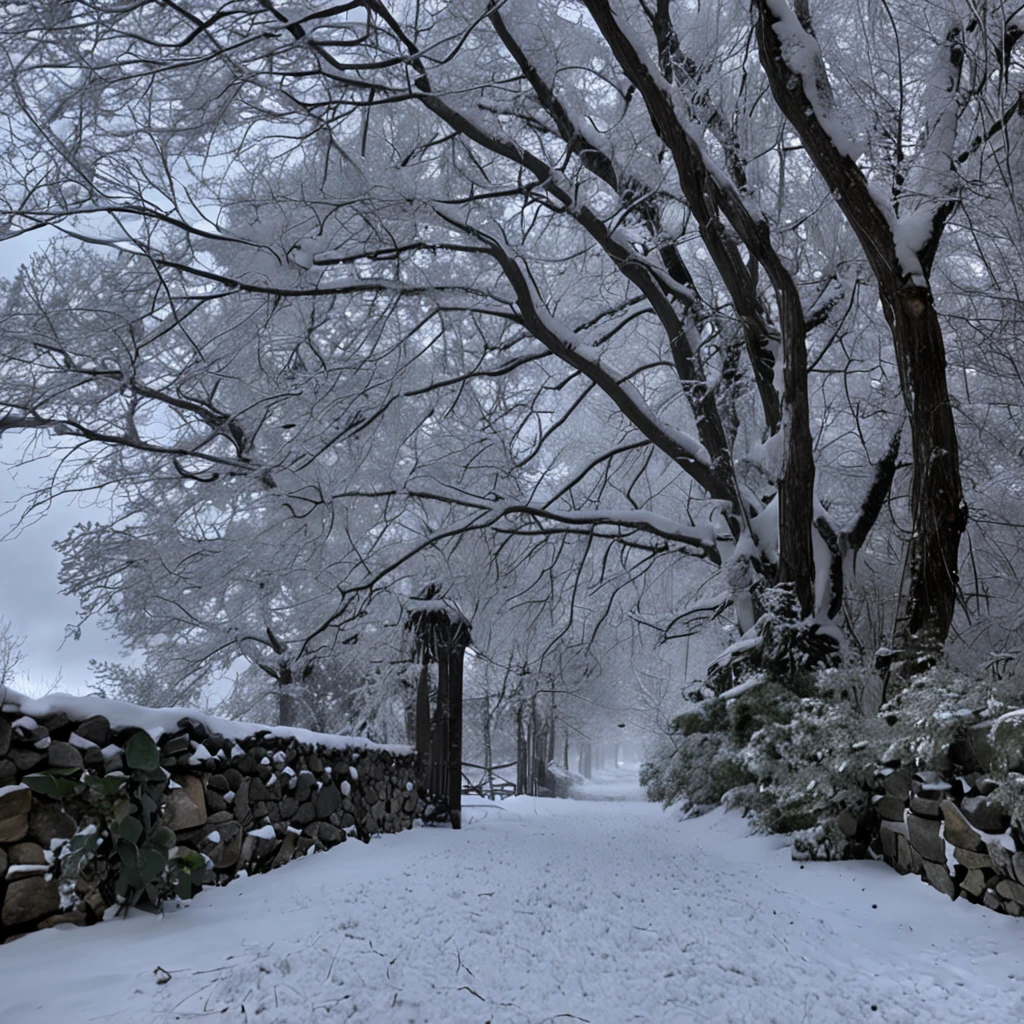 Snowy landscape of garden with brick walkways and trees, dusting of snow, Light snowfall, during snowfall, snowflower, snowing outside, Snow on trees and on the ground, Cold but beautiful, Snowflakes fluttering, Cold snow outside, snowfall, cold snowy, Snowy, (Snow), Winter in the snow, photography of, snowing outside, nevando, Tone-mapping