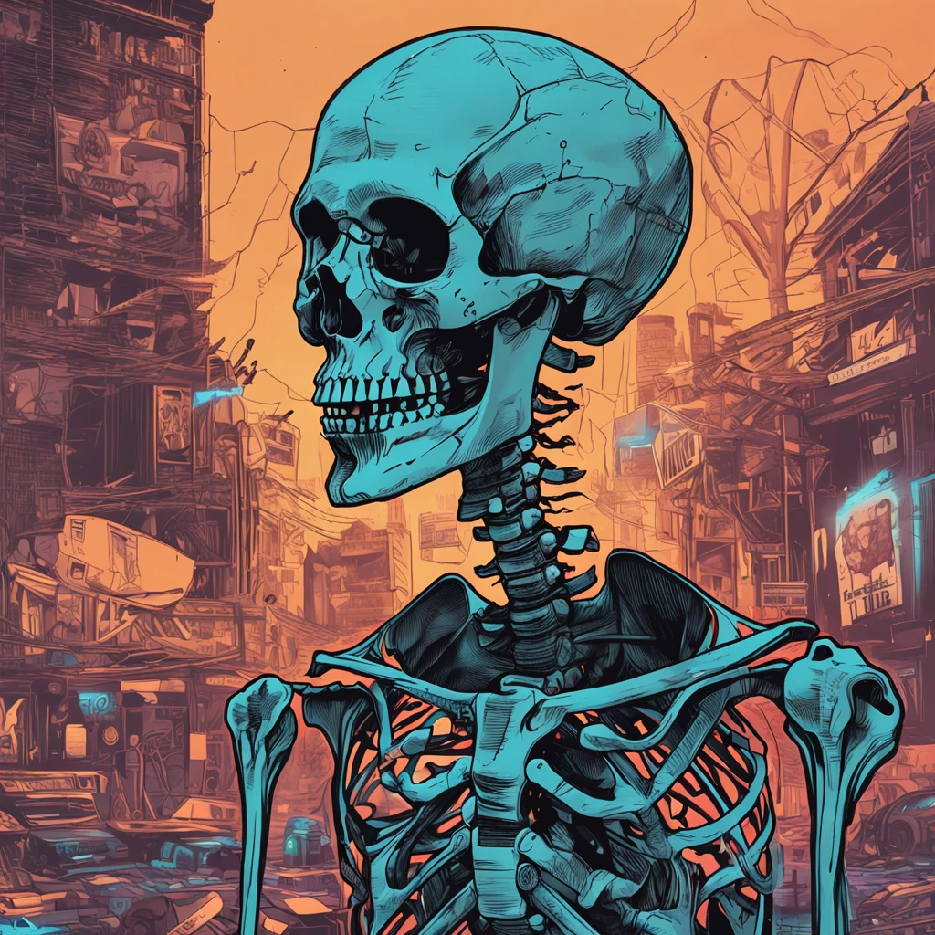 Skeleton in single
cyborg in city with sky in red blue colour