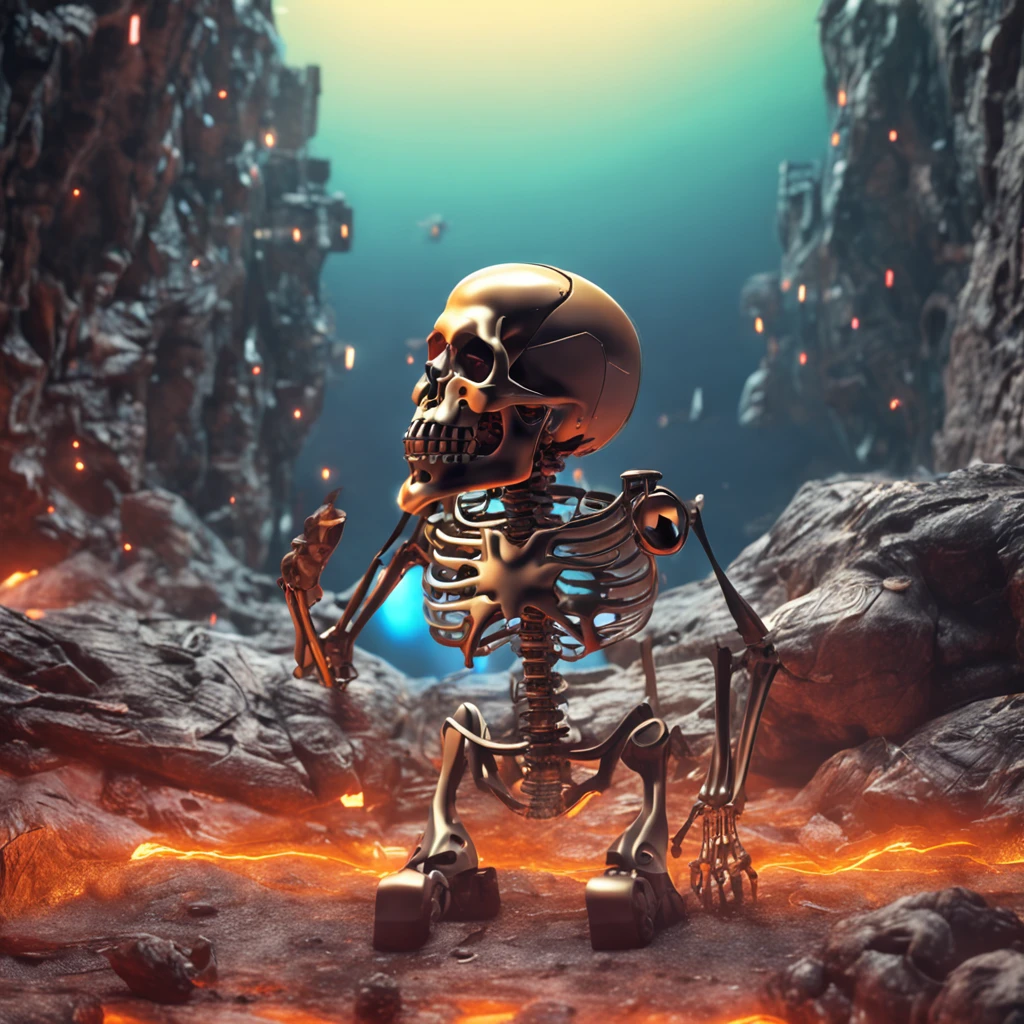 :A realistic skeleton is a cigarette, Focuses on advanced cybernetic masterpiece sets, Large glowing object of bitcoin in the background, hightquality ::n_Style drawing, Low quality defects, human - shaped, gaming console, anime big breast
