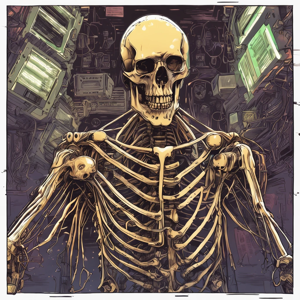 :A realistic skeleton is a cigarette, Focuses on advanced cybernetic masterpiece sets, Large glowing object of bitcoin in the background, hightquality ::n_Style drawing, Low quality defects, human - shaped, gaming console, anime big breast