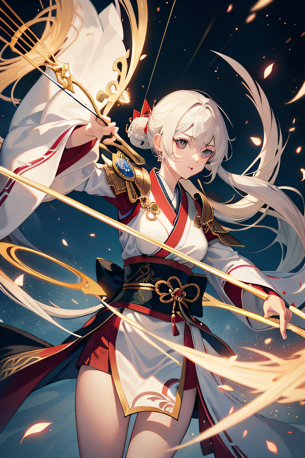The animations are rich in detail,This is a high-quality 8K masterpiece,35-year-old mature woman,Enchanting and beautiful,Japanese kimono light armor wearing,Holding a bow and arrow in his hand,Combat stance,fantasy