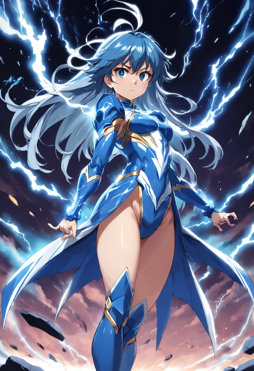 personagem de anime com roupa azul e branca voando pelo ar, knights of zodiac girl, Anime Voador Esper, este personagem tem criocinese, cyan lightning, anime, Arte Oficial, an epic anime of a energy man, yu - no, Saint Seiya, Poderes de fogo azul, Hirohiko Araki Estilo, cel anime sombreado, Potencializando a Aura