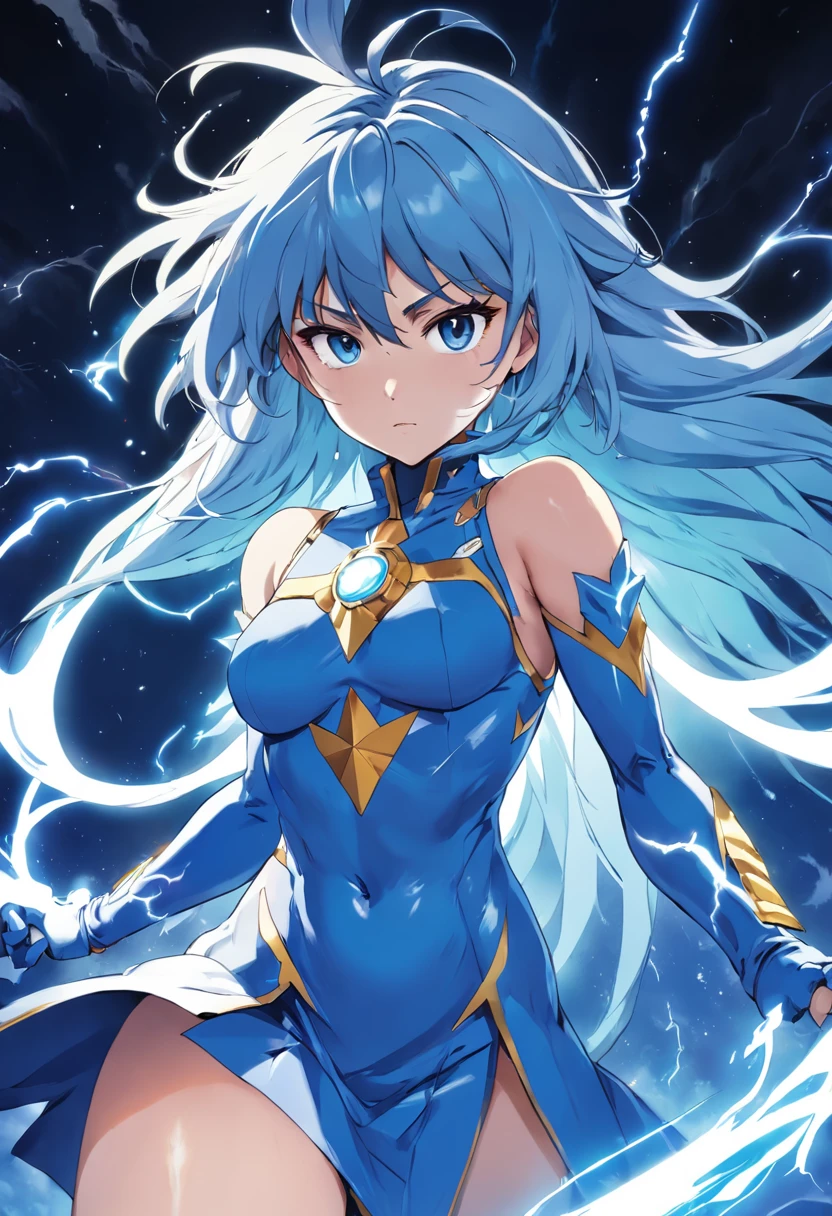 personagem de anime com roupa azul e branca voando pelo ar, knights of zodiac girl, Anime Voador Esper, este personagem tem criocinese, cyan lightning, anime, Arte Oficial, an epic anime of a energy man, yu - no, Saint Seiya, Poderes de fogo azul, Hirohiko Araki Estilo, cel anime sombreado, Potencializando a Aura