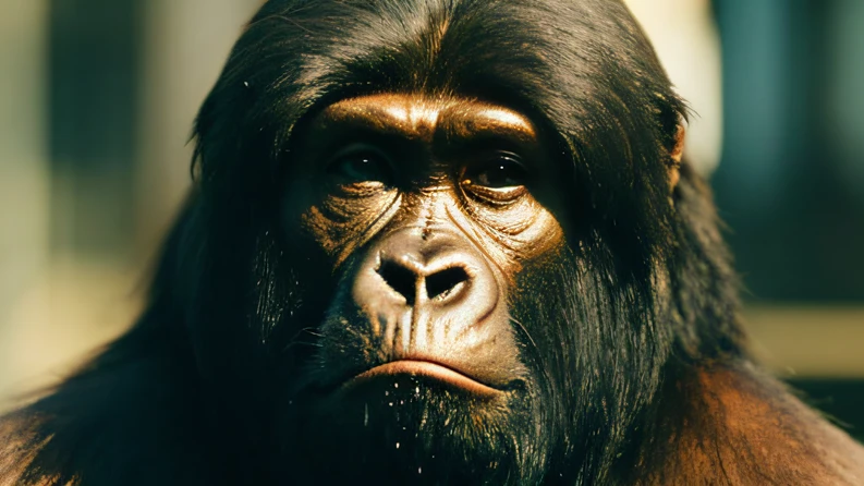 Planet of the Apes（（top Quority，8K，tmasterpiece：1.3）），Gorilla Warrior（golden jewelery），perspired，Water droplets on the forehead of the face，exteriors，background urban cityscape，Overhead，Sharp focus：1.2，cute animal：1.4，（（Layered Hair Style）），（Planet of the Apes 1），very detailed face and skin and hair texture，Knotted brunette hair，Moist textured hair，Moist body，Detailed eyes， 二重まぶた，White skin of the，Beautiful legs， beautiful delicate nose，warriors，dynamic angle，Deleite para la vista，Compositional suggestiveness，while emphasizing the subject's hair，The eye，Mouth and movements，At the same time, It exudes melancholic emotions，It is characterized by a mixture of calm tones and contrasts of light and shadow，gorillaz，Gold-tone sunglasses，Jewelry diamond frame yellow gold sunglasses，Gorilla warrior wearing jewelry diamond frame gold sunglasses