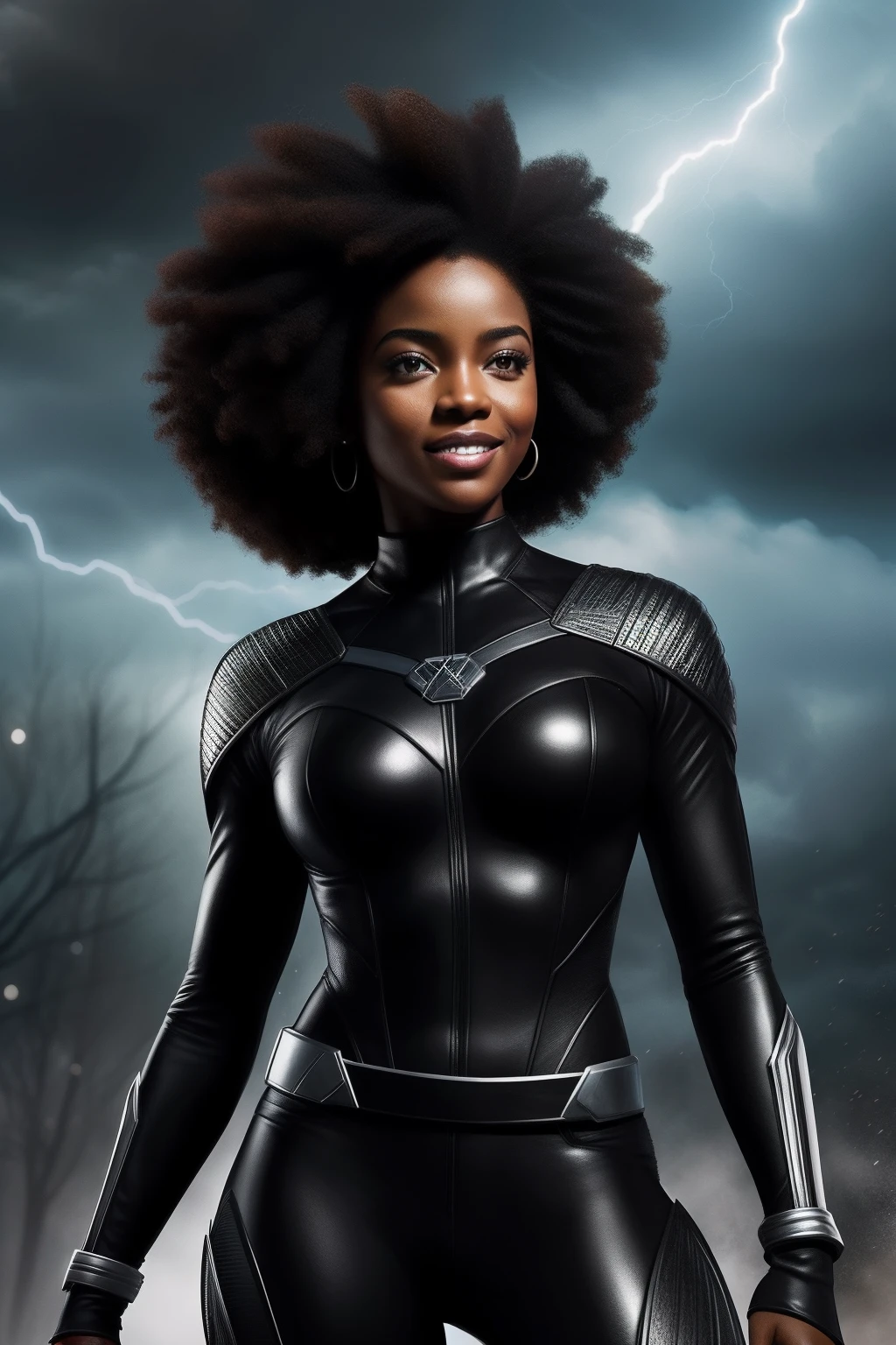 Crie uma imagem afroduturista de uma mulher negra com poderes da Tempestade, do X-Man. the image is realistic, com luzes de raio como background. The woman is black and has black hair. Mulher sorrindo.