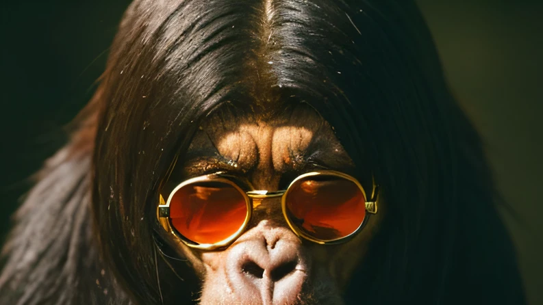 Planet of the Apes((top Quority,8K,tmasterpiece:1.3)),Gorilla Warrior(golden jewelery),perspired,Water droplets on the forehead of the face,exteriors,background urban cityscape,Overhead,Sharp focus:1.2,cute animal:1.4,((Layered Hair Style)),(Planet of the Apes 1),very detailed face and skin and hair texture,Knotted brunette hair,Moist textured hair,Moist body,Detailed eyes, 二重まぶた,White skin of the,Beautiful legs, beautiful delicate nose,warriors,dynamic angle,Deleite para la vista,Compositional suggestiveness,while emphasizing the subject's hair,The eye,Mouth and movements,At the same time, It exudes melancholic emotions,It is characterized by a mixture of calm tones and contrasts of light and shadow,gorillaz,Gold-tone sunglasses,Jewelry diamond frame yellow gold sunglasses,Gorilla warrior wearing jewelry diamond frame gold sunglasses