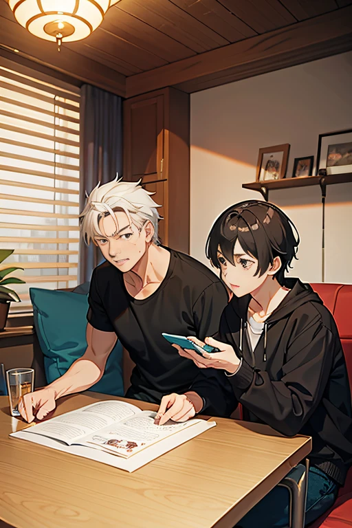 Anime cartoon picture of a middle-aged man and a dog sitting at a table playing Go