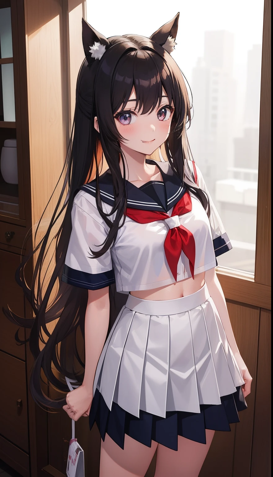 1girl in、AS-Adult、A smile、(Tsundere)、The shirt、skirt by the、(small tits)Chilarism、Japan High School Student Uniform、serafuku、summer clothing、(Sheer Bra)、Upper body portrait、horse ear(Uma Musume)、Frolic、