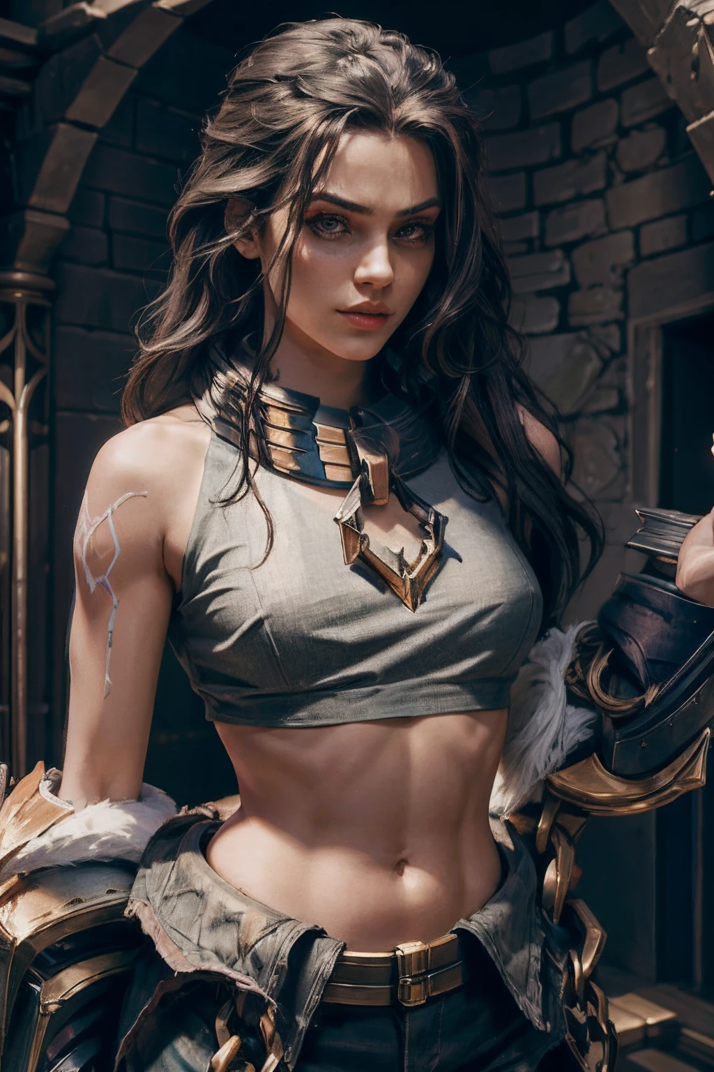 (Masterpiece, Best quality:1.2), Intricate details, Silas \(League of Legends\), 1girll, Crop top, shackle, chain, Long hair