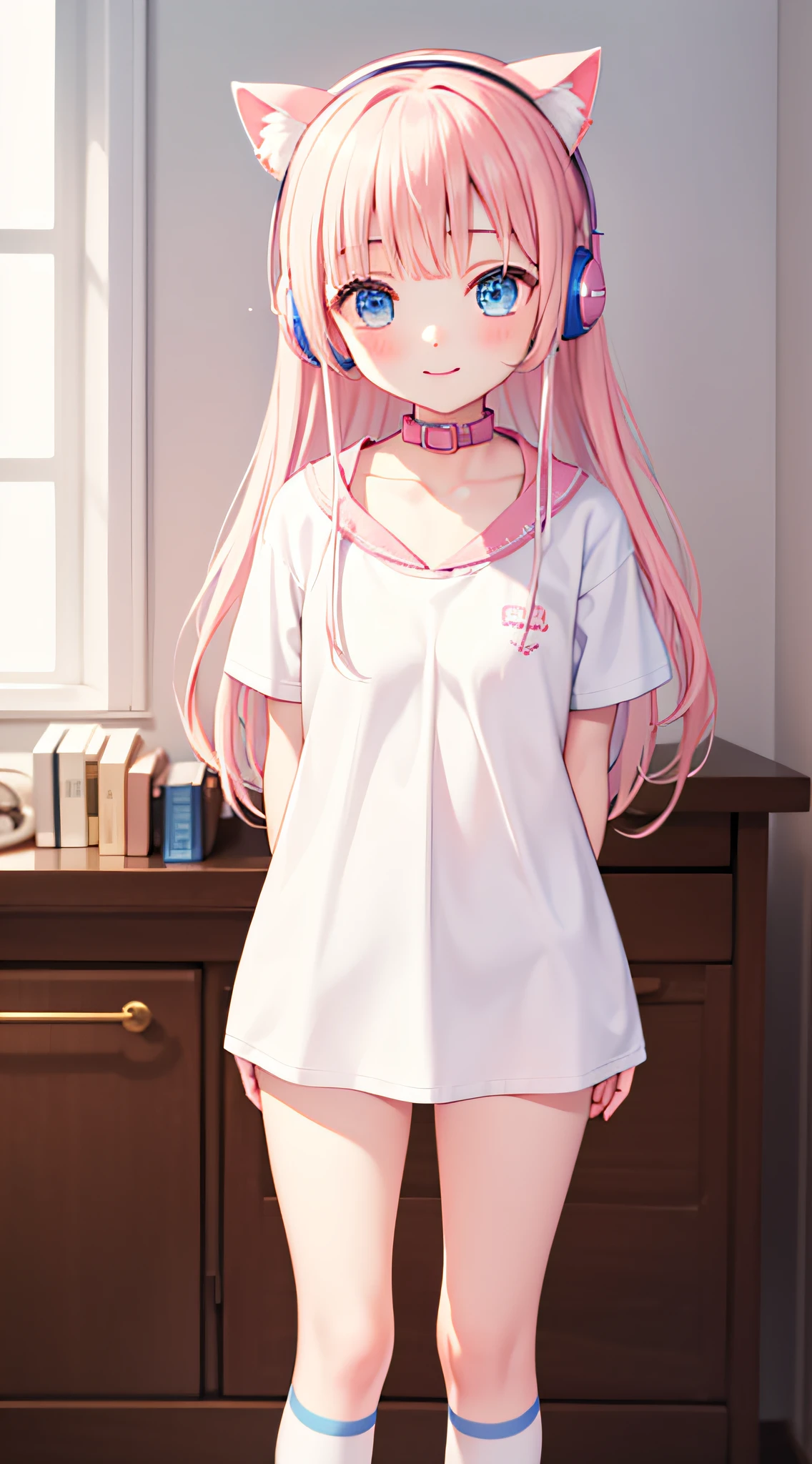 9 years old,short man,Wearing powder-white headphones,Long pink hair,Place your hands behind your back,White T-shirt,short- sleeved,Expose the collarbone,are standing,Background in the house,White stockings,ssmile,Be red in the face,Pink cat ears,Exposed panties,Pink and white striped panties,eyes glowing,blue color eyes,She wears a pink collar around her neck