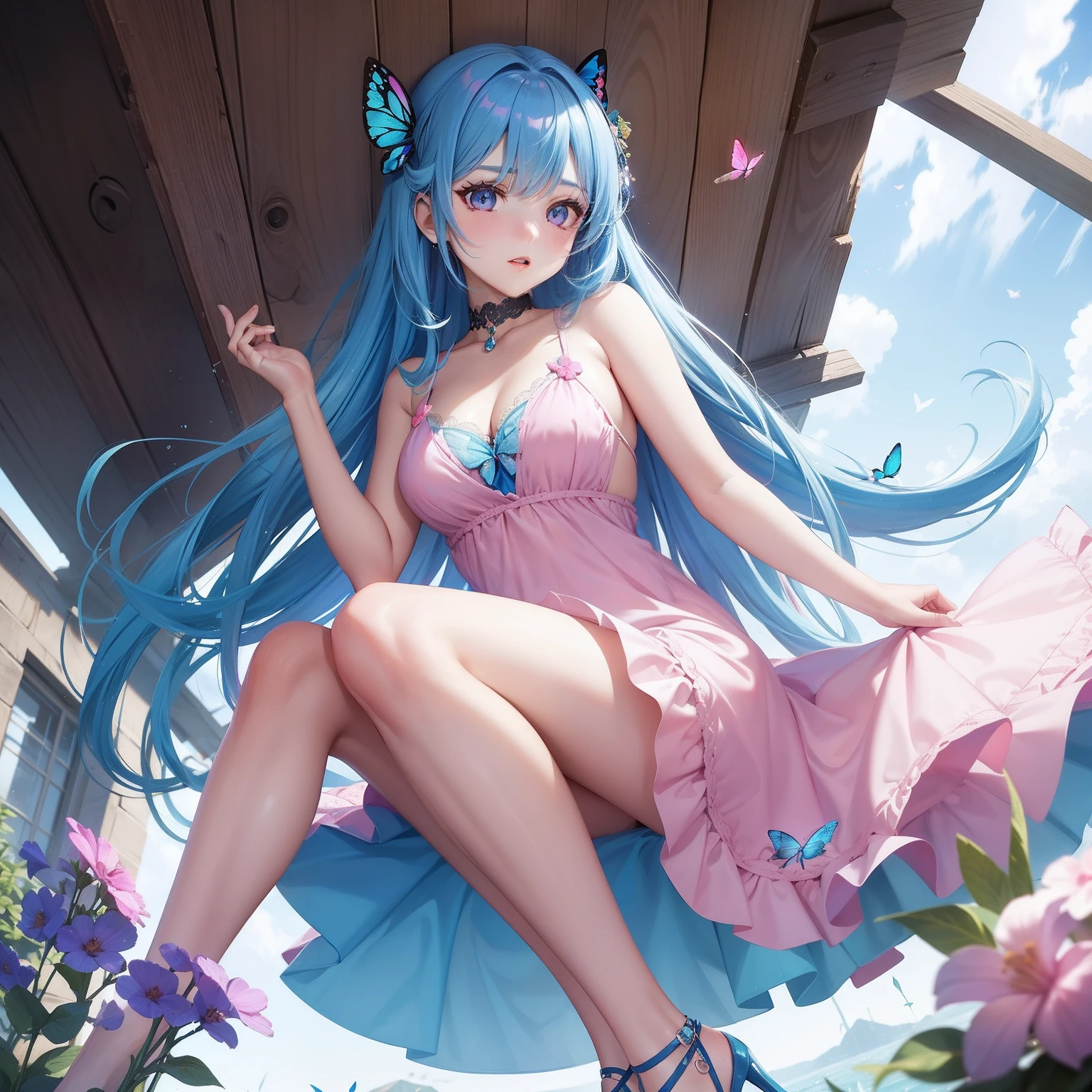 a women, blue butterfly, blue hair, pink eyes, pink dress