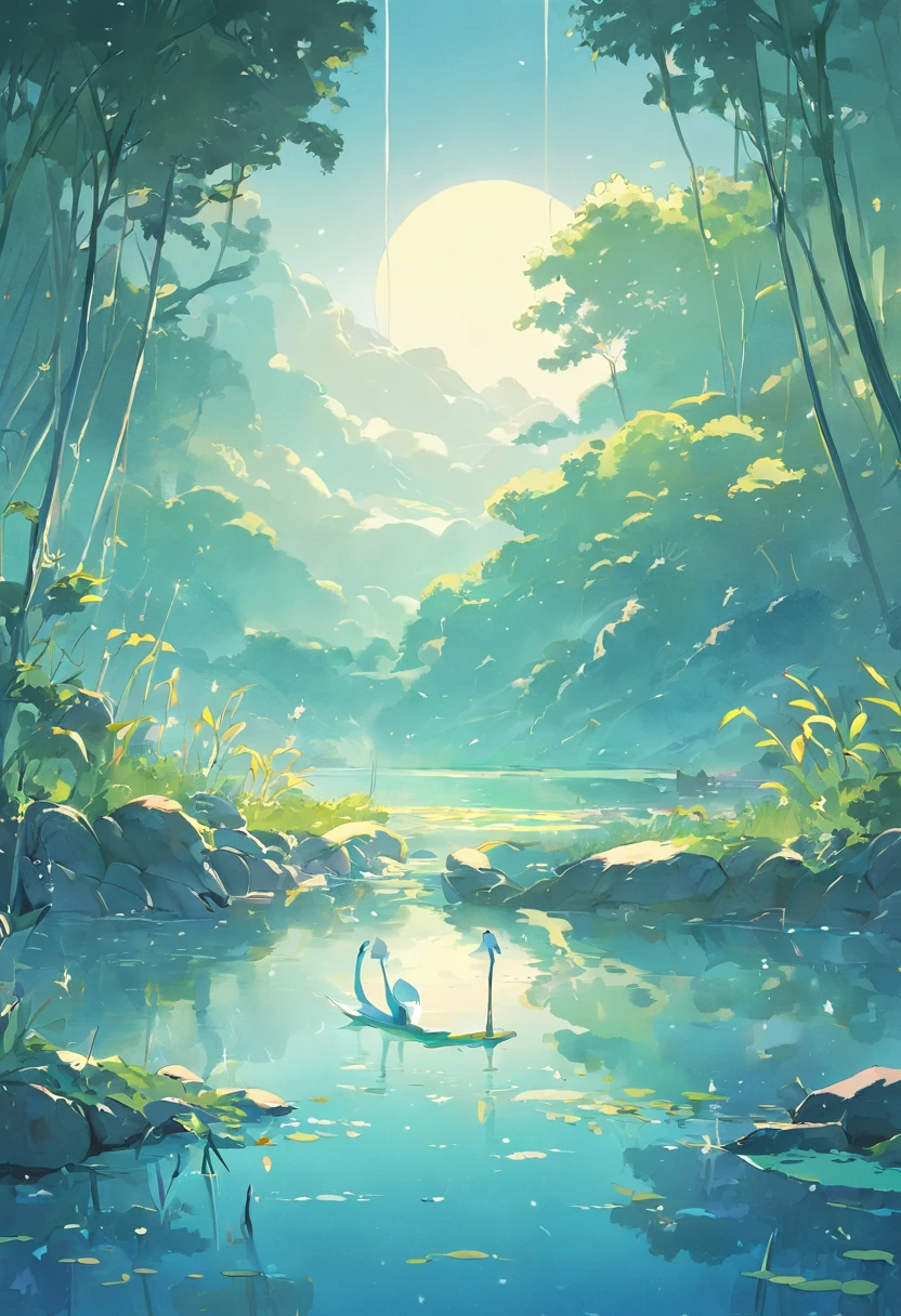 24 solar terms,White dew solar term,Pale dew as frost,Peaceful landscape illustration,Blue-purple gradient lake close-up,White sky,Clouds float,Two egrets in a yellow-green reed,Natural landscape artwork,Rich color variations,finely detailed textures,8k,elegant、Landscape illustration