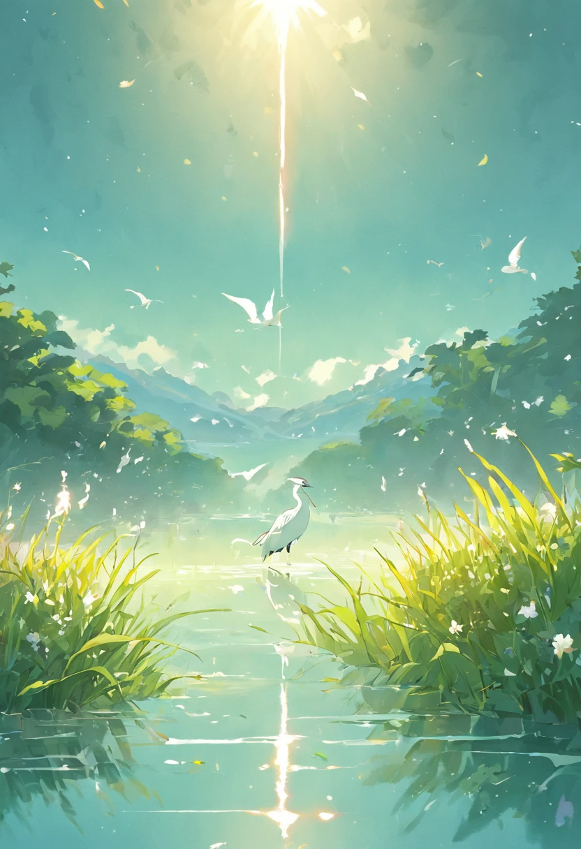 24 solar terms,White dew solar term,Pale dew as frost,Peaceful landscape illustration,Blue-purple gradient lake close-up,White sky,Clouds float,Two egrets in a yellow-green reed,Natural landscape artwork,Rich color variations,finely detailed textures,8k,elegant、Landscape illustration