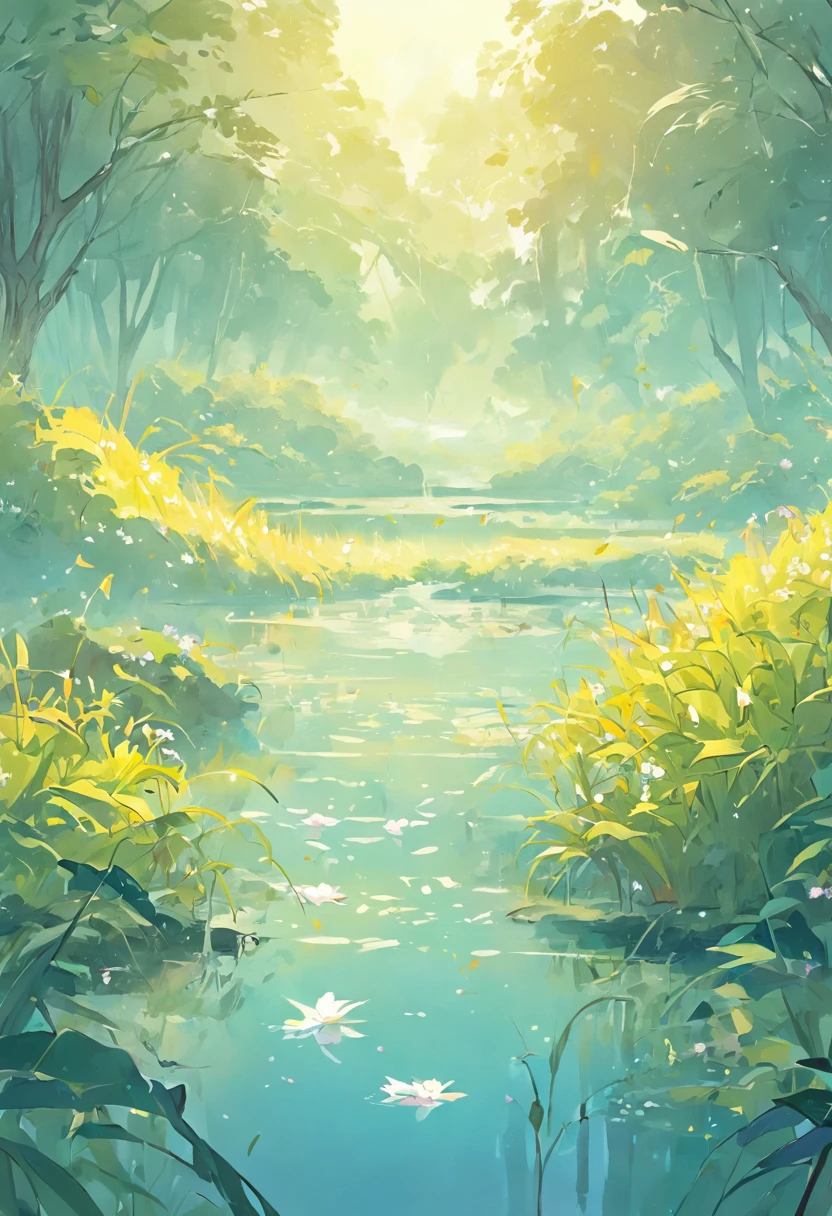 24 solar terms,White dew solar term,Pale dew as frost,Peaceful landscape illustration,Blue-purple gradient lake close-up,White sky,Clouds float,Two egrets in a yellow-green reed,Natural landscape artwork,Rich color variations,finely detailed textures,8k,elegant、Landscape illustration