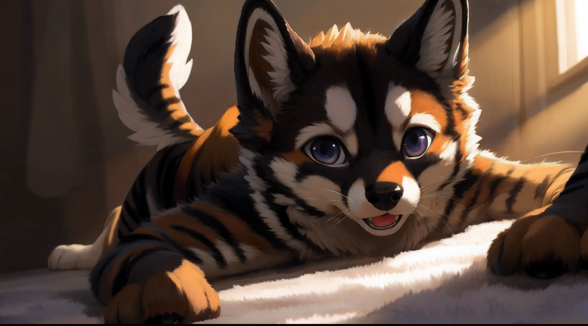 highres, top quality, best quality, paid reward available, High-quality illustrations by Johannes Vermeer, unparalleled masterpiece, perfect artwork, absurdres, perfect anatomy(highly detailed beautiful face and eyes)(angelic cute 1girl, kemono, solo focus)(furry)(furry anthro:1.7)(Furry body, dog facial features, dog body features)(very detailed body fur)full body, play with, smile, happy, facial expressions, dynamic pose, dynamic lighting, deep shadow, cinematic angle,