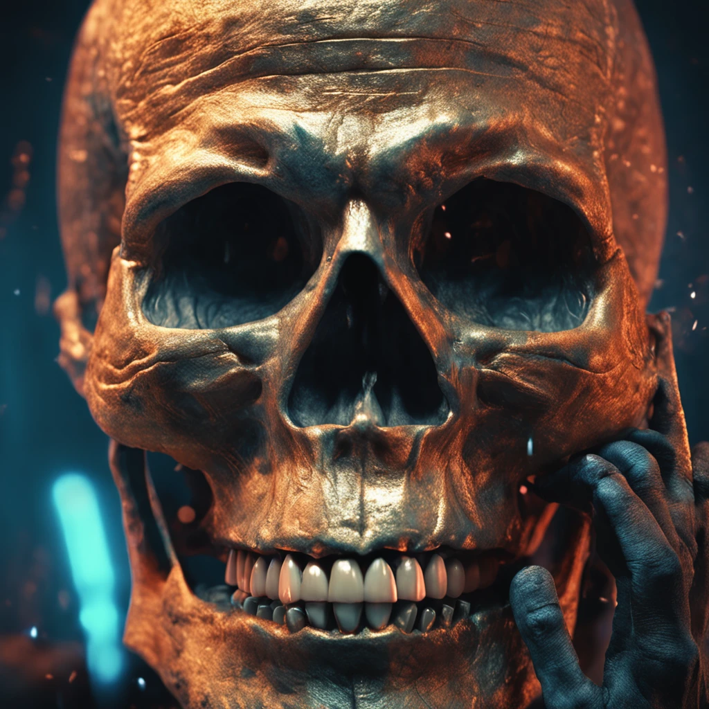 He is holding a cigarette in his mouth. Large bitcoin object in background. Realistic skeletal face smiling in spotlight. Close-up. Realistic depiction. Leica. Realistic photo.
