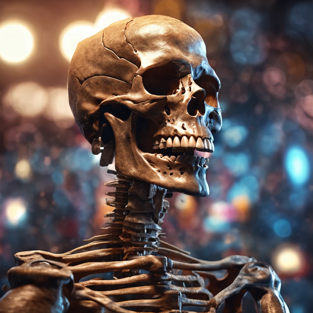 He is holding a cigarette in his mouth. Large bitcoin object in background. Realistic skeletal face smiling in spotlight. Close-up. Realistic depiction. Leica. Realistic photo.