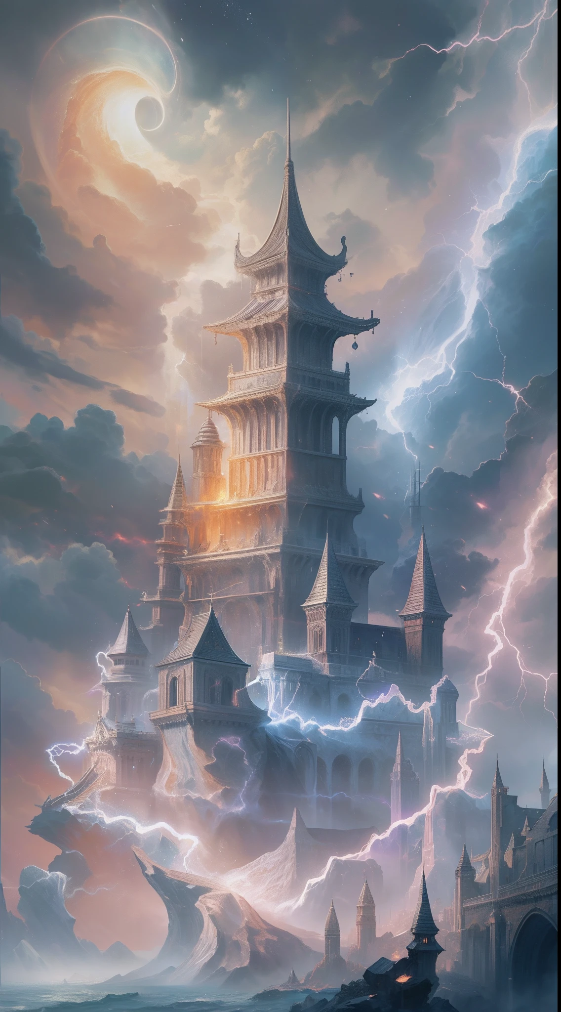 High fantasy image of rainbow lavender fortress lightning signs、