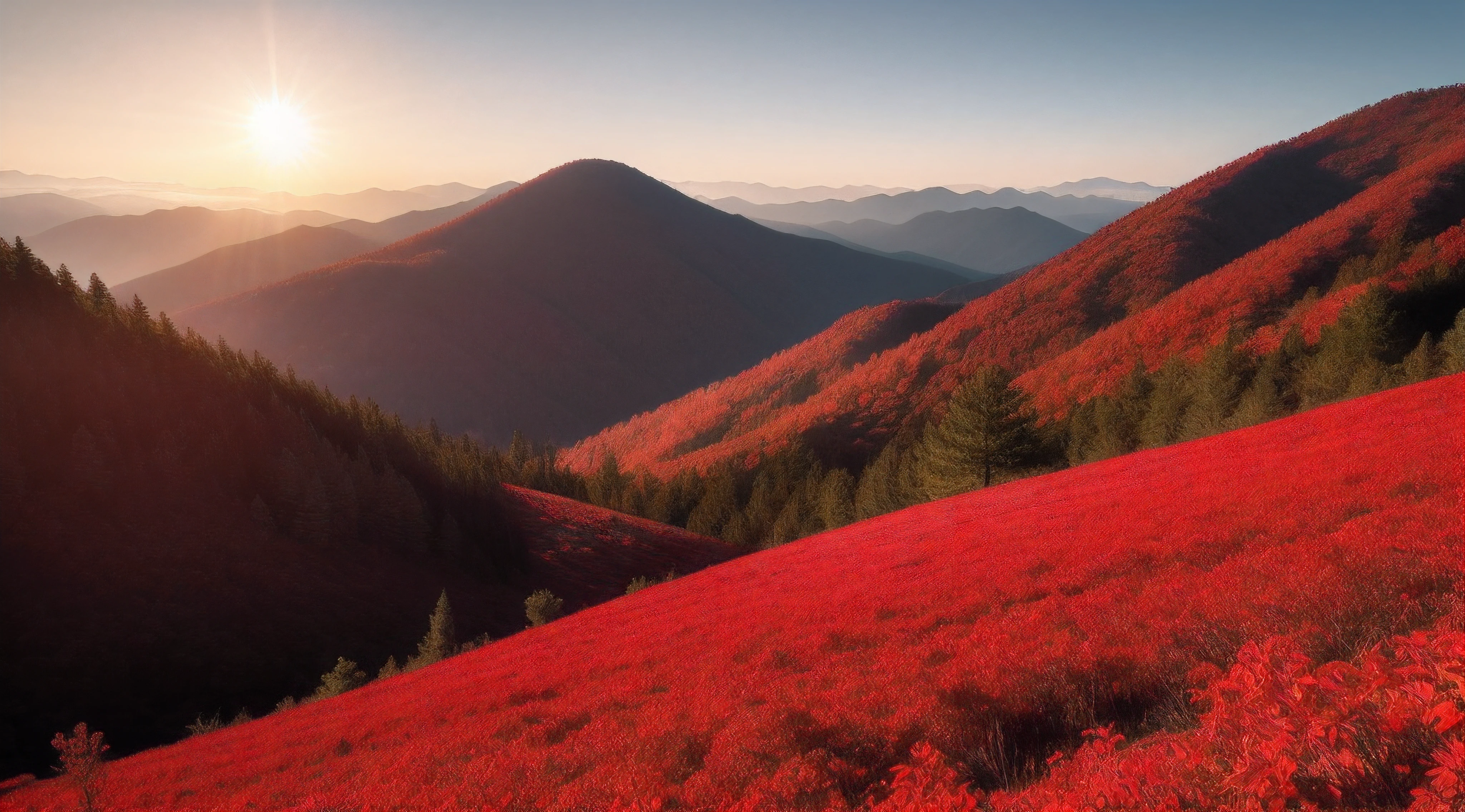 Red Forest，Chao yang，Open mountains and forests overlooking the sun，8K