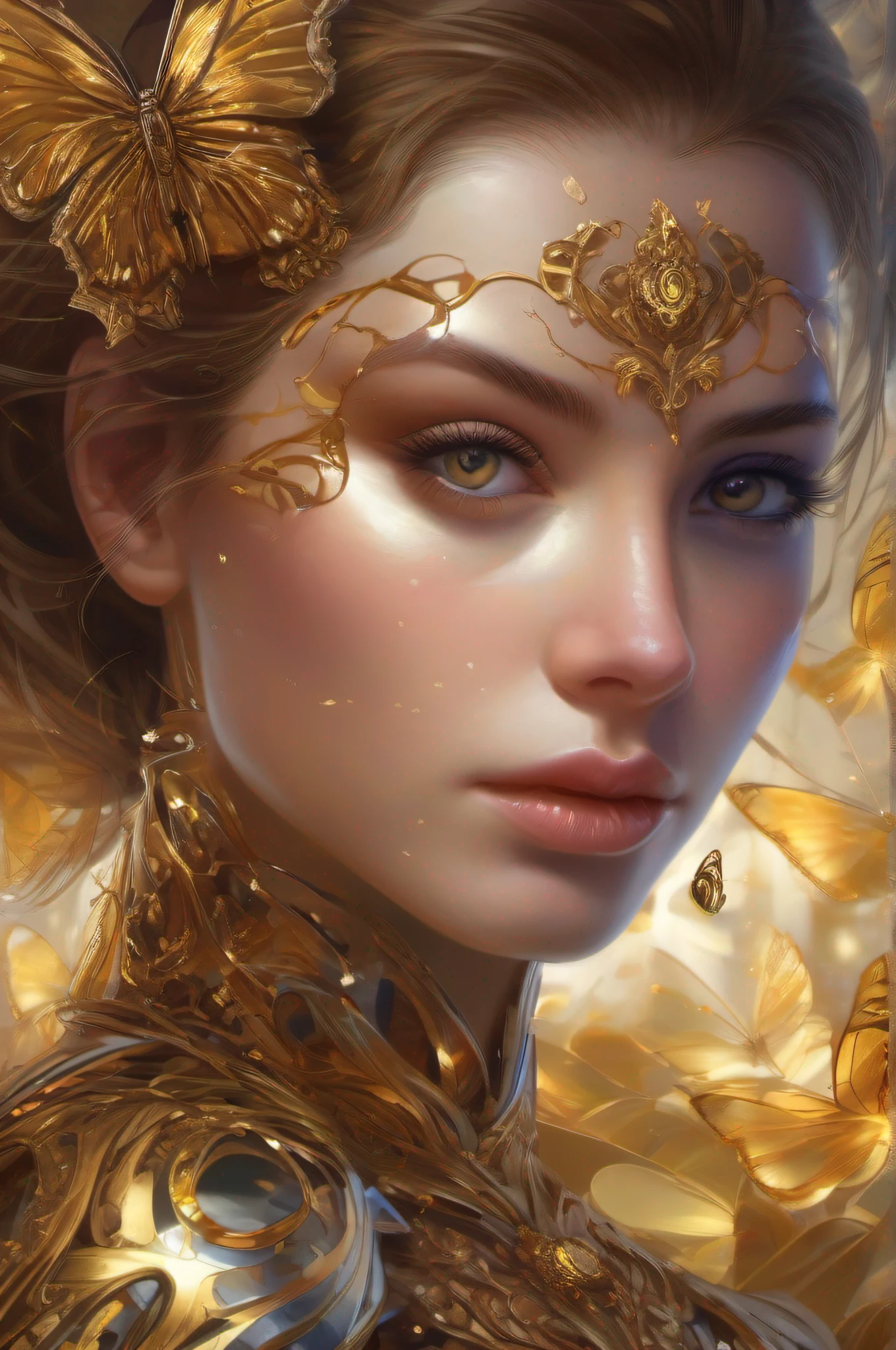 Mercy overwatch,Beautiful portrait of a gorgeous Princess, beautiful princess, round shaped face, round button nose, glowing glass skin, sparkling hazel green eyes, highlighted chestnut brown long straight hair, adorned in intricate golden jewelry, confident half smile, face painting, dramatic lighting, intricate, wild, exotic beauty, highly detailed, digital painting, artstation, concept art, smooth, sharp focus, illustration, art by artgerm and greg rutkowski and alphonse mucha, footage from space camera