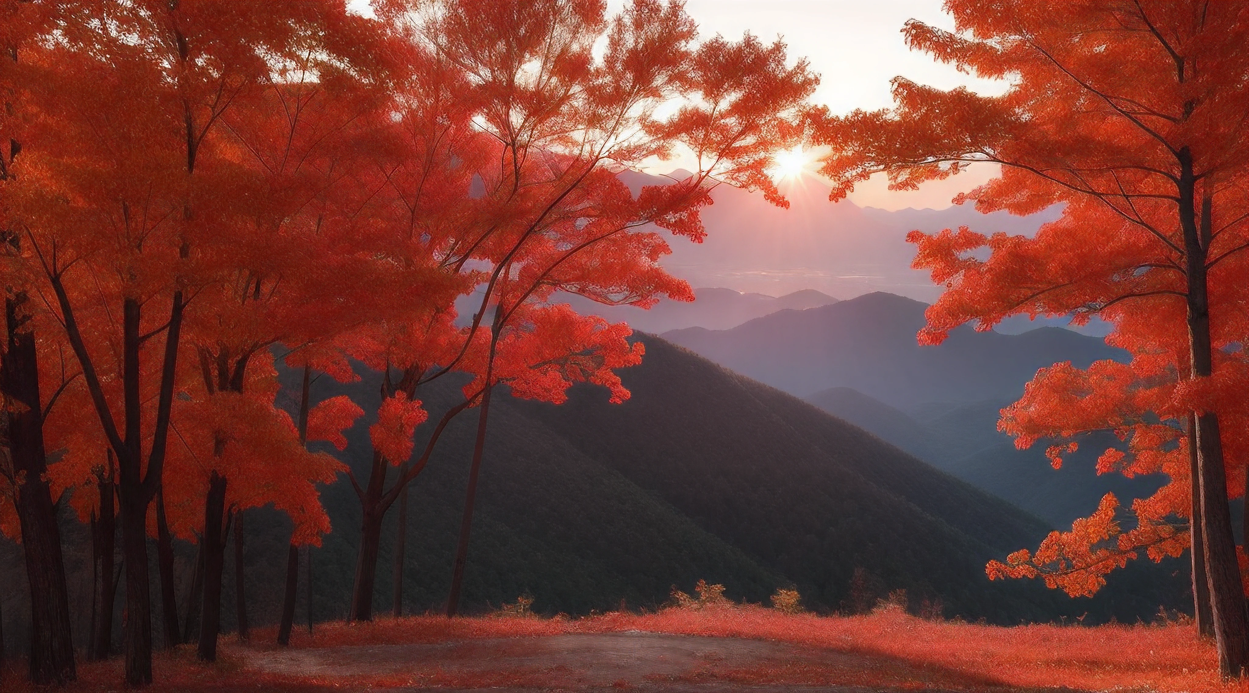 Red Forest,Chao yang,Open mountains and forests overlooking the sun,8K